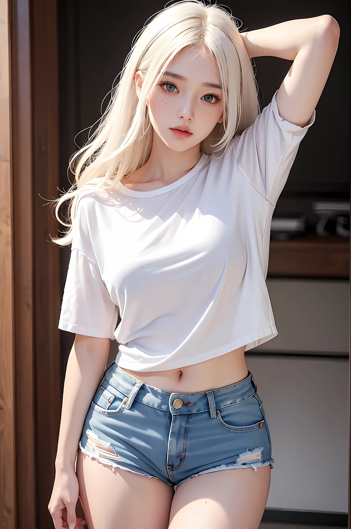 photorealistic, high resolution, 1 girl, white wavy hair, korean, heterochromia eyes, small mole below eye, loose white shirt, tight jean shorts, large breast, large thighs, panty visible