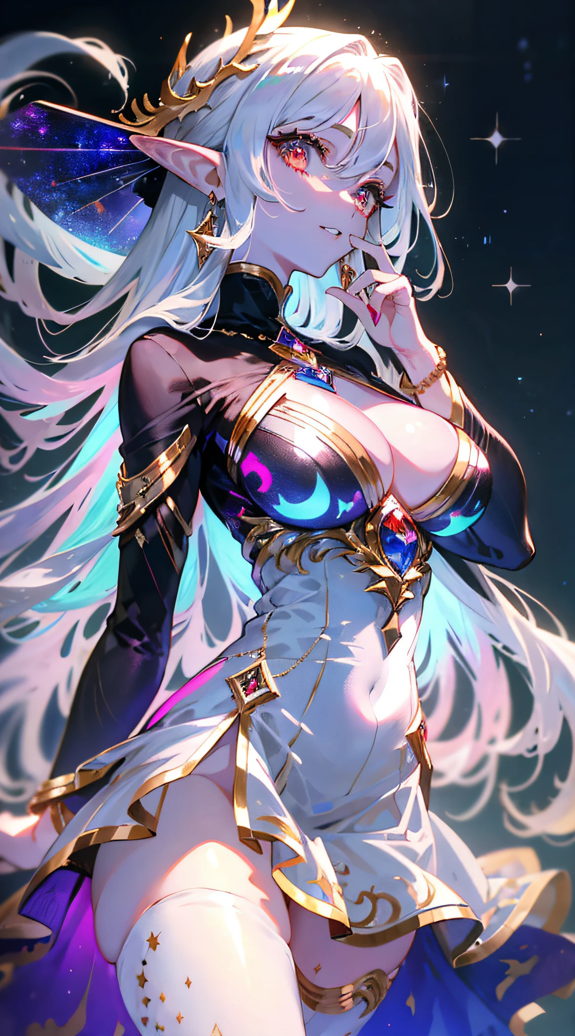 (simple hands:0.5)+(detailed hands:0.7), (masterwork), (best quality), white hair, red eyes,1girl, pale skin, white hair, red eyes, two tone hair, eyelashes, bracelet, jewelry, smile, gleaming skin, shiny hair, detailed and majestic stage, Fantasy, Long Hair, 1 girl, two-tone hair, night sky, Incredibly detailed CG illustration masterpiece, looking at you, anime, beautiful anime eyes, beautiful detailed eyes, eyes, glittering eyes, red eyes, galaxy, nebula, (full body), (curvy), POV, wet neckline, (thick thighs), 4k hd, ultra realistic, perfect body, perfect lips, perfect nose, perfect eyes, looking at the viewer, dress, elegant dress, Soft Dress, Long dress, Elf, Elf ears,