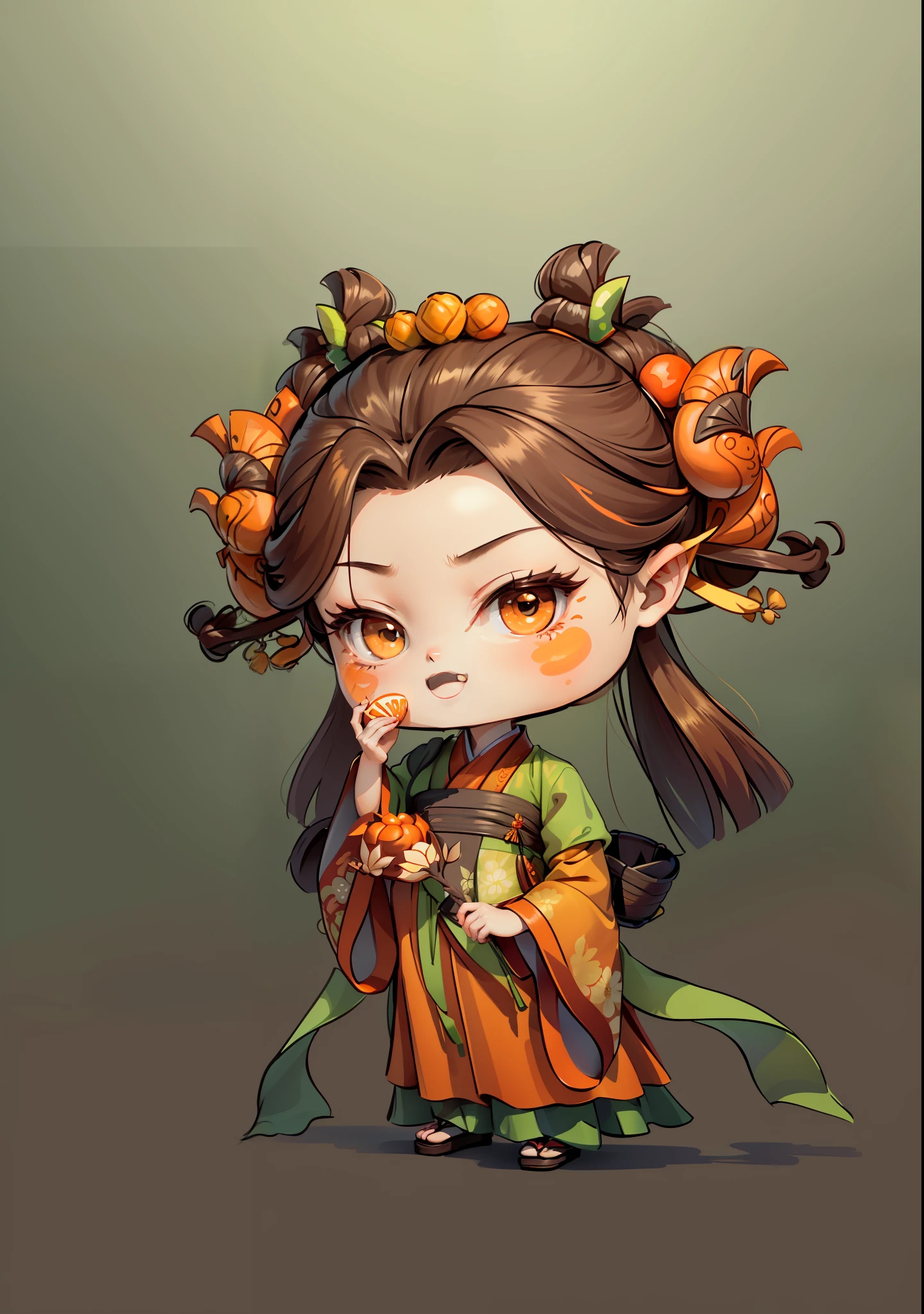 A Chinese girl in Hanfu, holding a rice ear in one hand, holding a seed in the other, autumn, autumn, harvest, dark brown hair, ancient Chinese hair bun, pattern, light green orange color scheme, on both sides of the hair is ginkgo biloba hair ornament, some metal flower headdress, color blocks are bright, bright colors, line art, infinite details, fine painting, beautifully depicted, blank background 8k