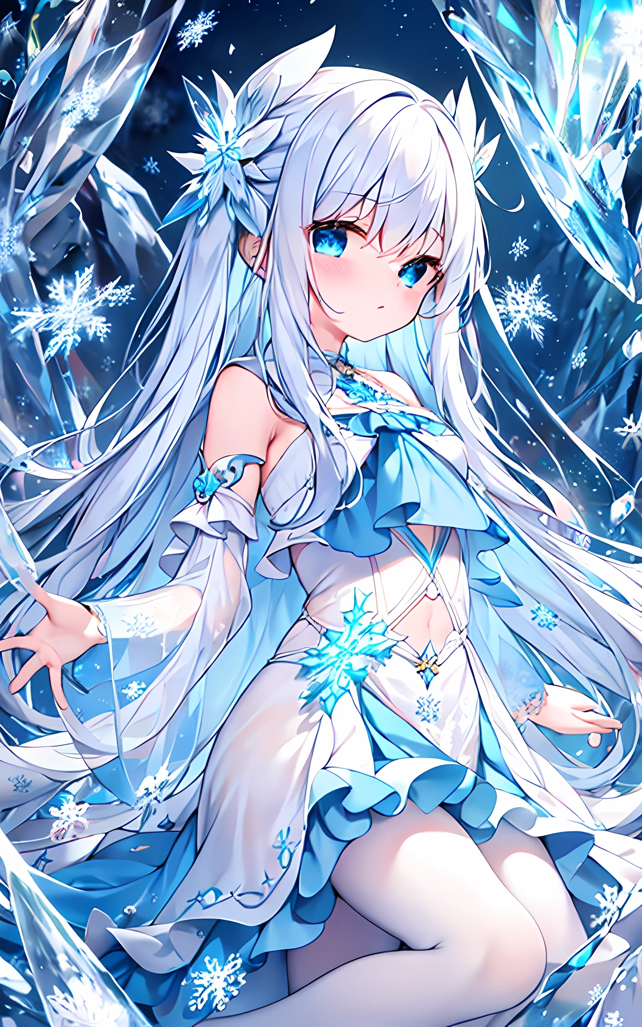original, (masterpiece), (illustration:1.2), (extremely fine and beautiful), (perfect details), (unity CG 8K wallpaper:1.05), (ray tracing), (beautiful and clear background:1.25), (depth of field:0.6),(light),{bloom},
((magic array)),(Ice crystal:1.582),(fog:1.12),(snowflakes:1.53),(crushed ice),(broken glass:1.24),(broken screen),{sword}
1girl,age:9,(li:1.62),(girl:0.42),solo,{{light blush}},{frown}
{beautiful white hair},long hair,{floating hair},(blue eyes),{{bright_eyes}},gradient_eyes,zoom in on eyes,aqua eyes,
(beautiful |blue:0.2|white:1.6),frills,(white leg belt),ring,(delicate coat|white:1.3|blue:0.42)