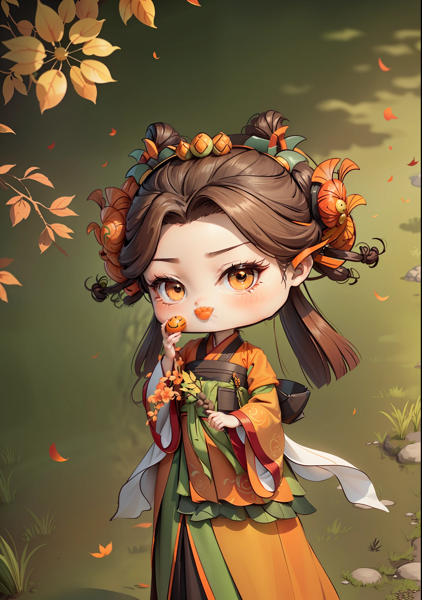 A Chinese girl in Hanfu, holding a rice ear in one hand, holding a seed in the other, autumn, autumn, harvest, dark brown hair, ancient Chinese hair bun, pattern, light green orange color scheme, on both sides of the hair is ginkgo biloba hair ornament, some metal flower headdress, color blocks are bright, bright colors, line art, infinite details, fine painting, beautifully depicted, blank background 8k