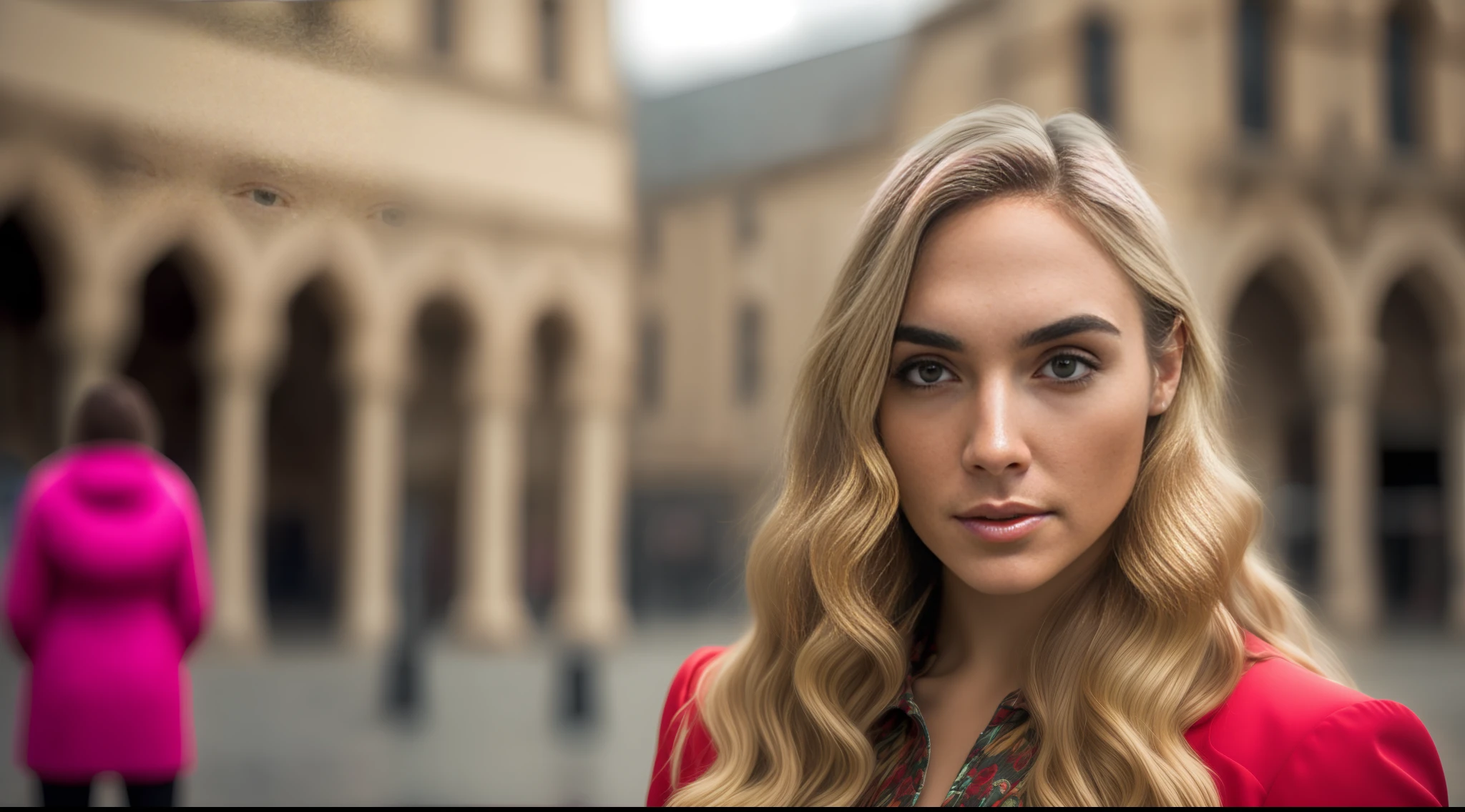 fking_scifi, fking_scifi_v2, portrait of a half-young, unpretty and unattractive Hebrew woman sitting on the bench in the town square, long blonde hair, colorful clothes, close-up, royal pose and attitude. fking_cinema_v2.