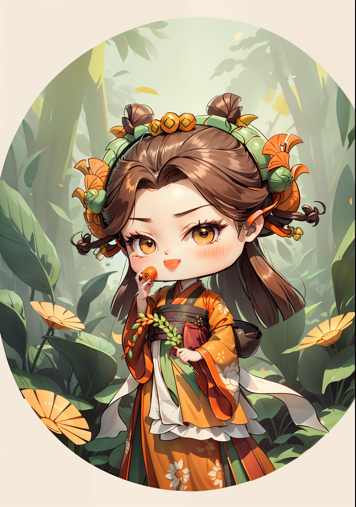 A Chinese girl in Hanfu, holding a rice ear in one hand, holding a seed in the other, autumn, autumn, harvest, dark brown hair, ancient Chinese hair bun, pattern, light green orange color scheme, on both sides of the hair is ginkgo biloba hair ornament, some metal flower headdress, color blocks are bright, bright colors, line art, infinite details, fine painting, beautifully depicted, blank background 8k