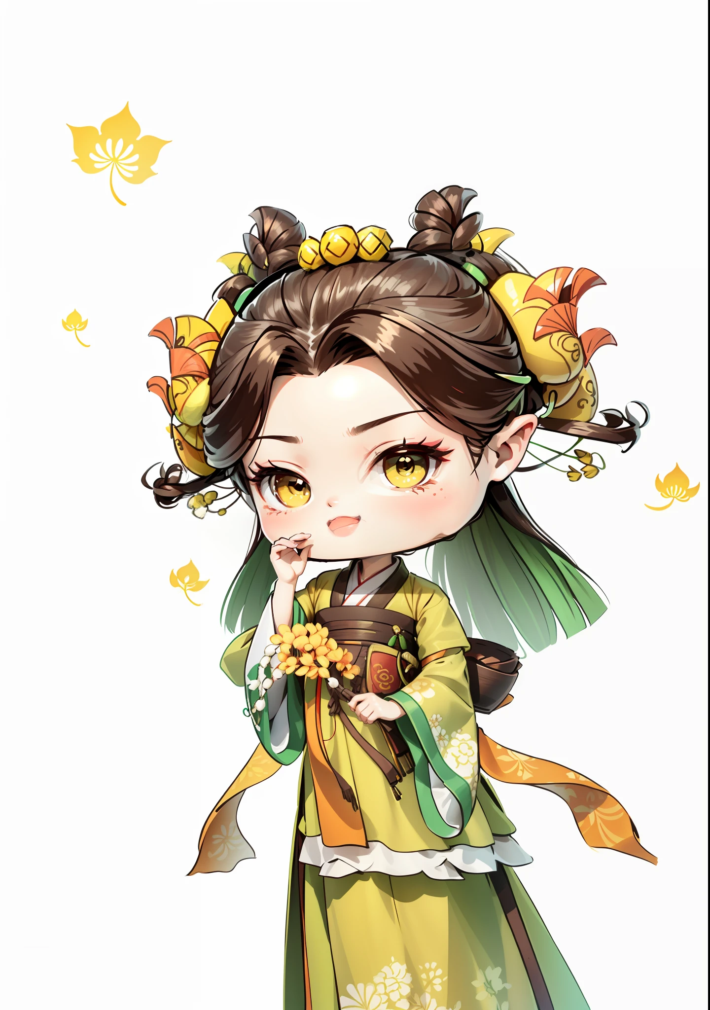 A Chinese girl in Hanfu, holding a rice ear in one hand, holding a seed in the other, autumn, autumn, harvest, dark brown hair, ancient Chinese bun, pattern, light green yellow color matching, both sides of the hair are ginkgo biloba hair ornaments, some metal flower headdresses, the color blocks are bright, the colors are bright, the colors are bright, the line art, infinite details, fine painting, beautifully depicted, blank background 8k