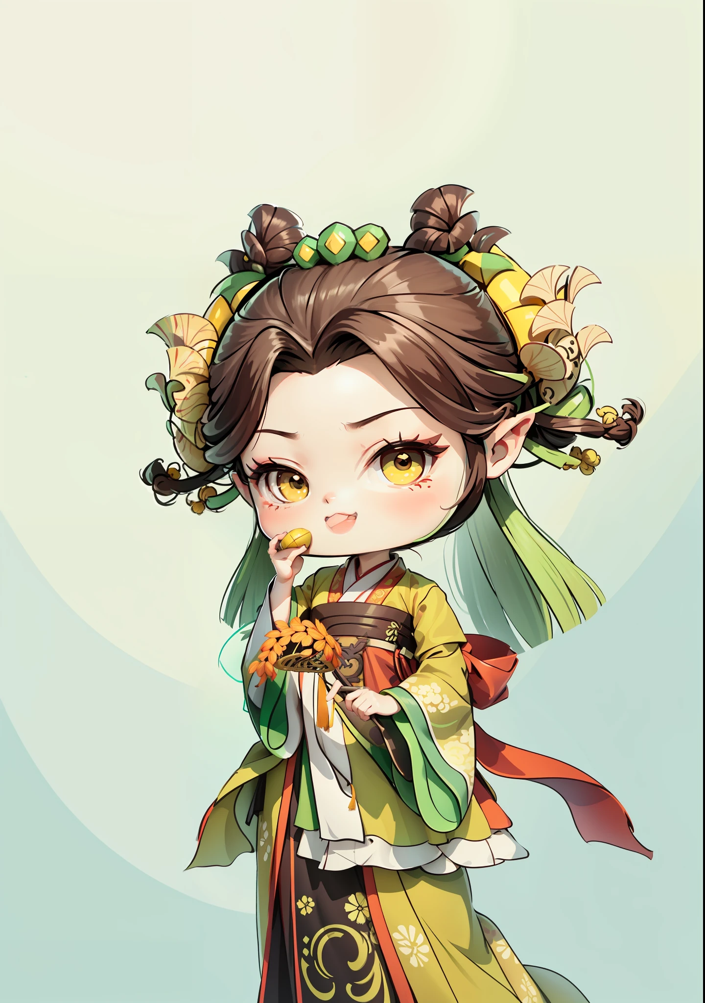 A Chinese girl in Hanfu, holding a rice ear in one hand, holding a seed in the other, autumn, autumn, harvest, dark brown hair, ancient Chinese bun, pattern, light green yellow color matching, both sides of the hair are ginkgo biloba hair ornaments, some metal flower headdresses, the color blocks are bright, the colors are bright, the colors are bright, the line art, infinite details, fine painting, beautifully depicted, blank background 8k