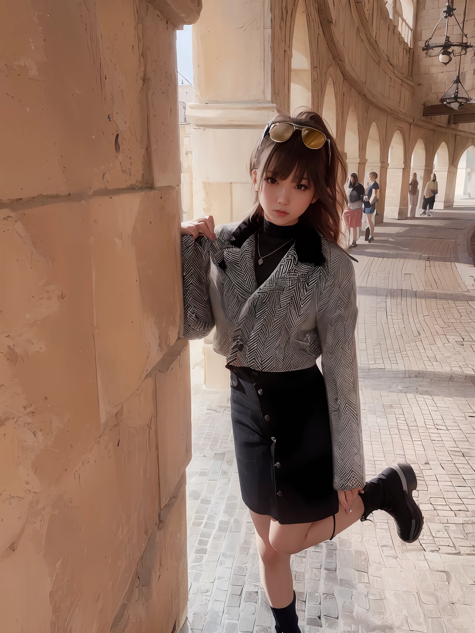 ((medium breast, tomboy girls, small head)), daylight, sunlight, (chiseled abs : 1.1), (perfect body : 1.1), (short wavy hair : 1.2) , auburn hair, collar, chain, full body shot, crowded street, wearing black tanktop, jeans jacket, ((shorts)), (extremely detailed CG 8k wallpaper), (an extremely delicate and beautiful), (masterpiece), (best quality:1.0), (ultra highres:1.0),  beautiful lighting ,perfect lightning, realistic shadows, [highres], detailed skin, ultra-detailed
