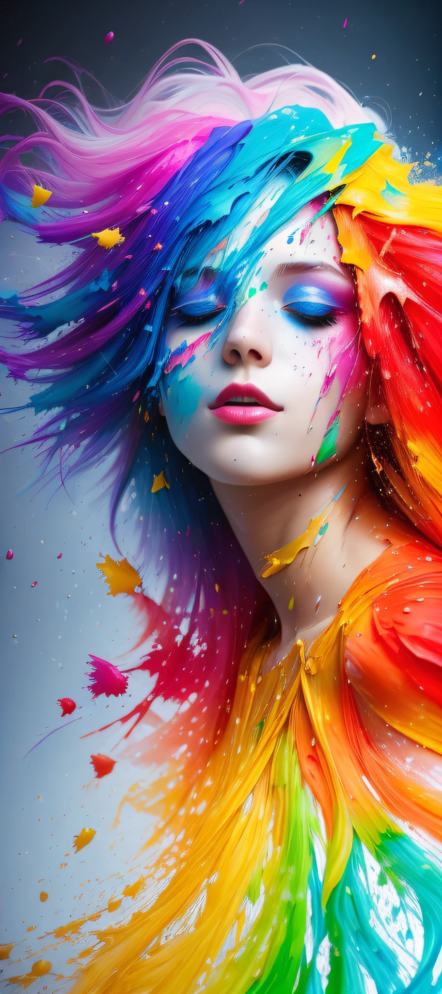 (level difference:1.8),(Paint colliding and splashing on the canvas),(depth of field),1girl's side face blends into it,(side face),open mouth,(liquid paint rainbow hair:1.1) made of paint and defies gravity,thick flowing,(paint splatter:1.3),Liquid state,stunningly beautiful, masterpiece, detailed background,ultra high quality model, ethereal background,abstract beauty, explosive volumetric, oil painting,heavy strokes,Romantic lighting,Sub-Surface Scatterring,lens 135mm,f1.8,glow,8k,high resolution, dreamy,ray tracing,hdr,god rays,