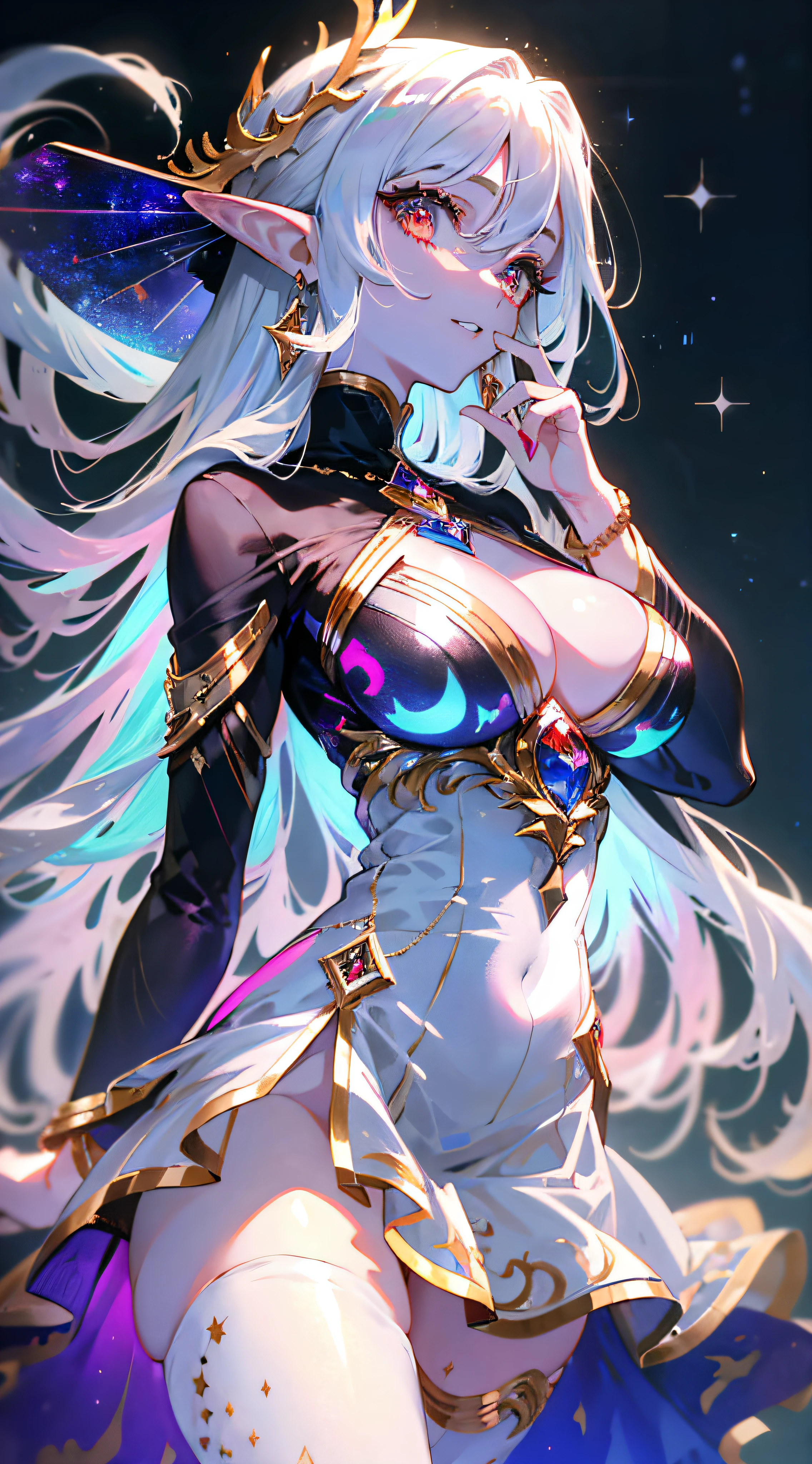 (simple hands:0.5)+(detailed hands:0.7), (masterwork), (best quality), white hair, red eyes,1girl, pale skin, white hair, red eyes, two tone hair, eyelashes, bracelet, jewelry, smile, gleaming skin, shiny hair, detailed and majestic stage, Fantasy, Long Hair, 1 girl, two-tone hair, night sky, Incredibly detailed CG illustration masterpiece, looking at you, anime, beautiful anime eyes, beautiful detailed eyes, eyes, glittering eyes, red eyes, galaxy, nebula, (full body), (curvy), POV, wet neckline, (thick thighs), 4k hd, ultra realistic, perfect body, perfect lips, perfect nose, perfect eyes, looking at the viewer, dress, elegant dress, Soft Dress, Long dress, Elf, Elf ears,
