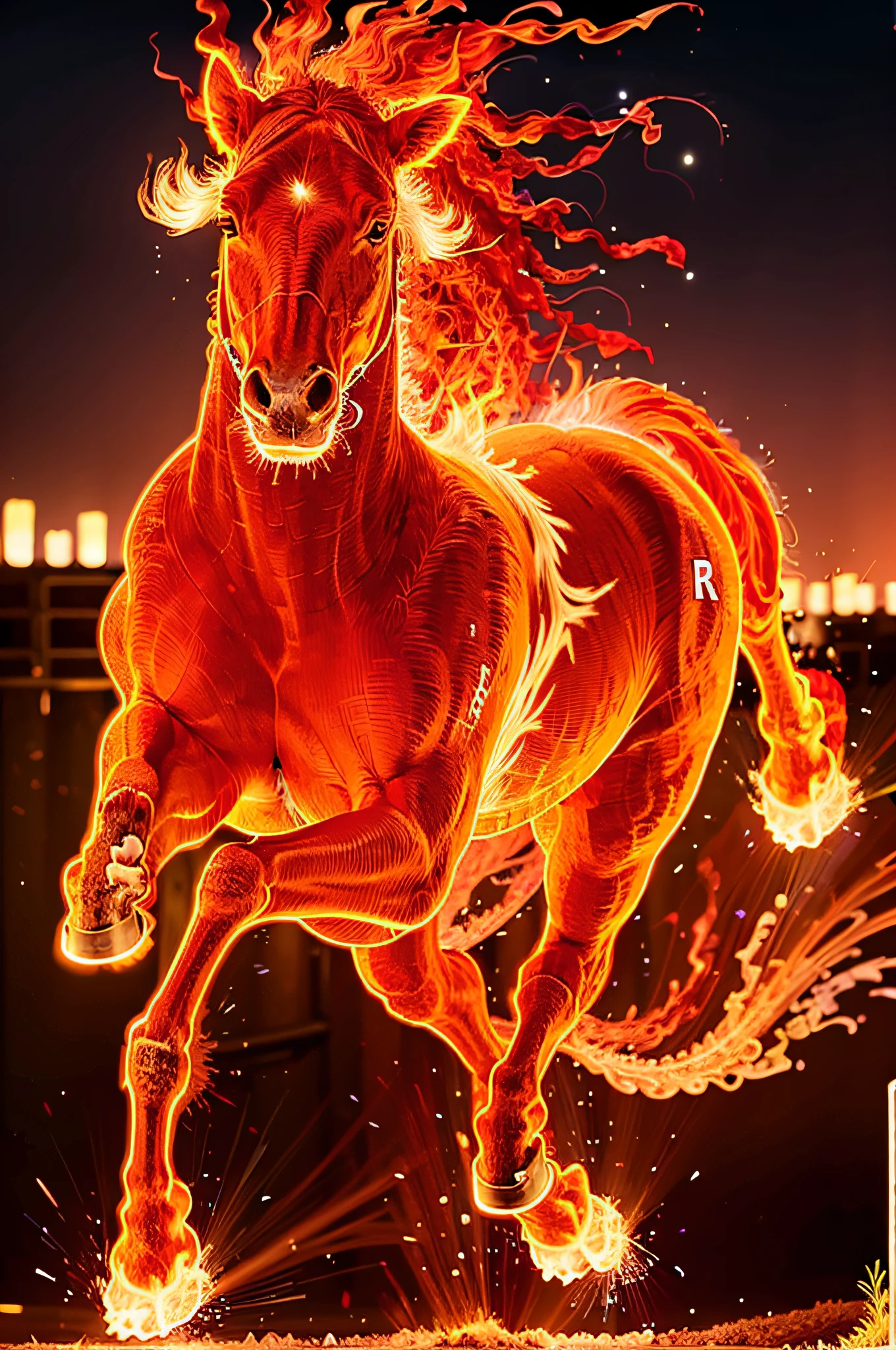 a running horse on fire,(redfire:1.3),
good hand,4k, high-res, masterpiece, best quality, head:1.3,((Hasselblad photography)), sharp focus, (cinematic lighting), collarbone, night, soft lighting, dynamic angle, [:(detailed face:1.2):0.2], outside, city,monochrome background,