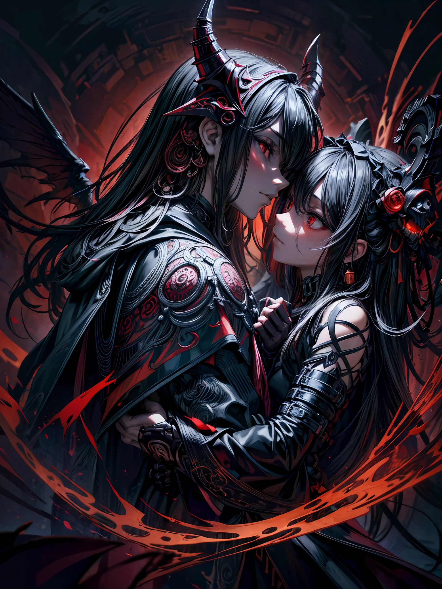 official art, unity 8k wallpaper, ultra detailed, aesthetically pleasing, High quality, masterpiece, best quality, (zentangle, mandala, tangle, entangle), (1girl), (passionate kiss), long straight black hair, lycoris flower, goat skull, (red, black), blood, romantic, Darkness, Shadows, magical, Menacing Dark Ornate Magic, Dark Ornate Shadow Magic, (mechanical mask), (black hood), demon, (six wings), evil, red eyes, angelic, (red, black), (dynamic angle), abyssal, highest definition, dark background, gradient background,