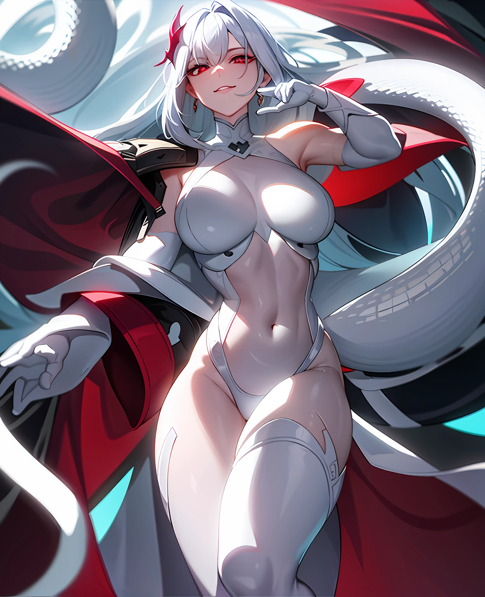 White snake looking at camera with white body, white glowing scales, red eyes
