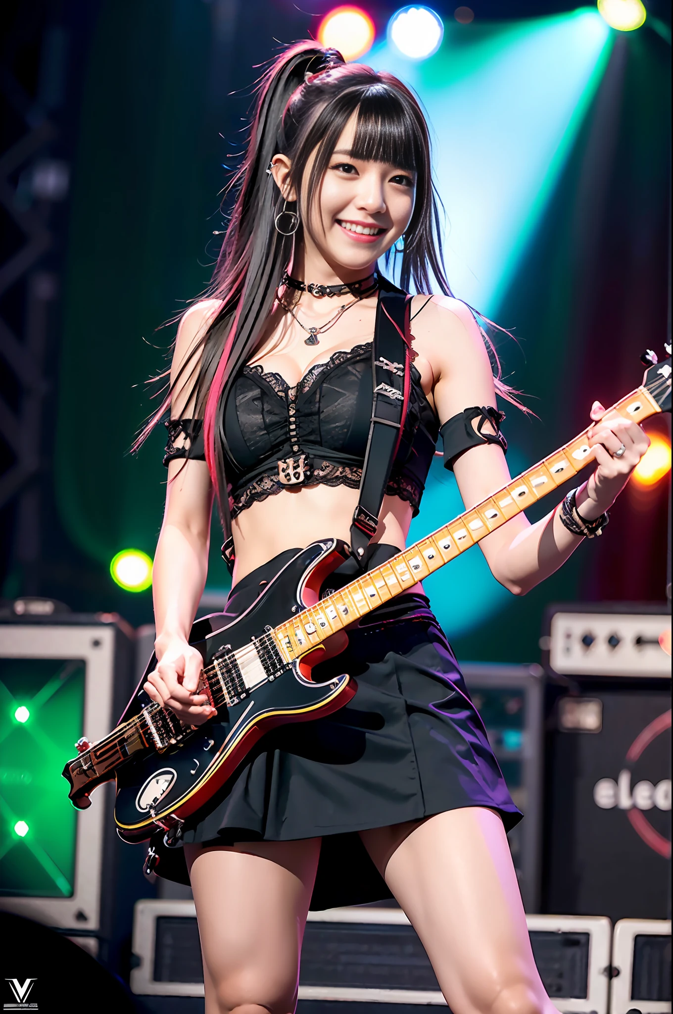 Top quality, masterpiece, ultra high definition, (photorealistic: 1.4), raw photo, (full body shot), attractive smiling girl (playing electric guitar:1.5) on live stage, (dynamic pose), red gradient hair, asymmetrical bangs, long ponytail, cross pendant necklace, earrings, (rocker chic, sexy red lace ruffles \ (clothing \): 1.5, very low-rises mini-skirt), lower abdomen exposure, colorful live lighting, spotlights