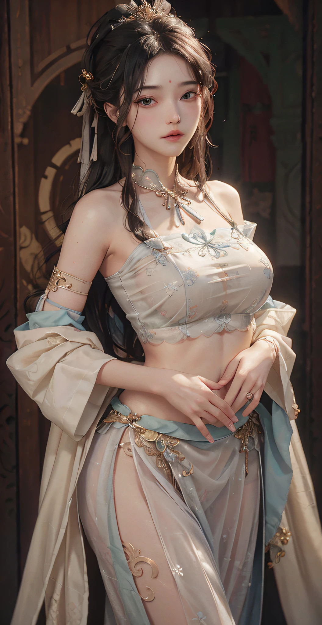 (absurd, high resolution, super detailed), 1girl, shy, shy, gentle sweet girl, intricate details, enlarged textures, intricate details, fine eyes and detailed face, intricate details, gray hair, flowing hair, clothes covering hands, hands covered, huge boobs, perfect boobs, areola, (shut up), (perfect eyes, equal eyes), intricate damask hanfu, transparent clothes, bare shoulders, navel, miniskirt, super realistic, realistic photos,