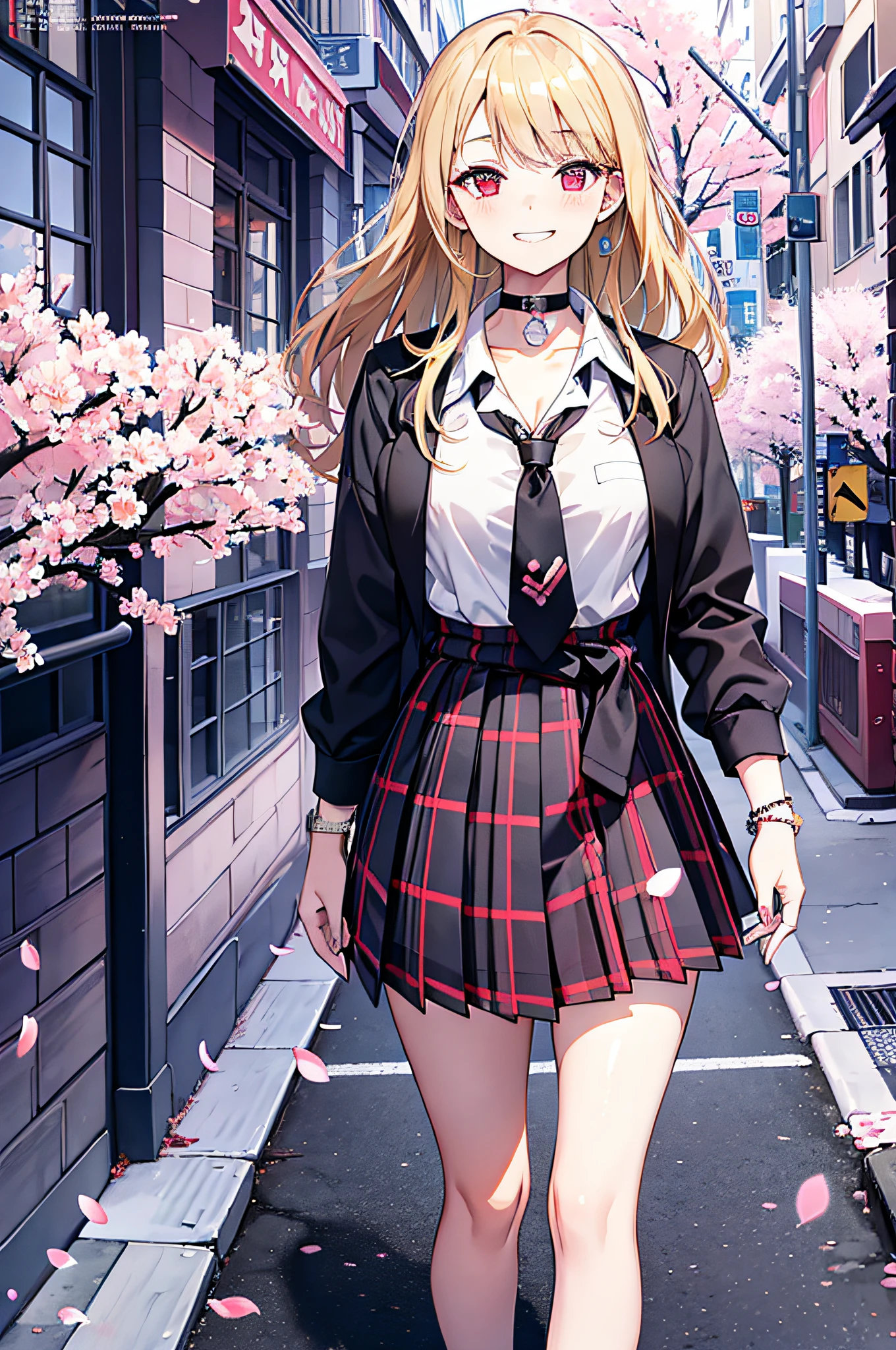 masterpiece, best quality, full body, 1girl, bangs, black choker, black necktie, blonde hair, blue skirt, blush, bracelet, breasts, choker, clothes around waist, collarbone, collared shirt, cowboy shot, dress shirt, ear piercing, eyebrows visible through hair, gradient hair, grin, gyaru, jewelry, kogal, long hair, looking at viewer, loose necktie, necktie, piercing, plaid, plaid skirt, pleated skirt, red eyes, ring, school uniform, shirt, skirt, smile, solo, white shirt, street, sky, cherry blossoms, petals,illustration, (magazine:1.3), (cover-style:1.3), fashionable, woman, vibrant, outfit, posing, front, colorful, dynamic, background, elements, confident, expression, holding, statement, accessory, majestic, coiled, around, touch, scene, text, cover, bold, attention-grabbing, title, stylish, font, catchy, headline, larger, striking, modern, trendy, focus, fashion,