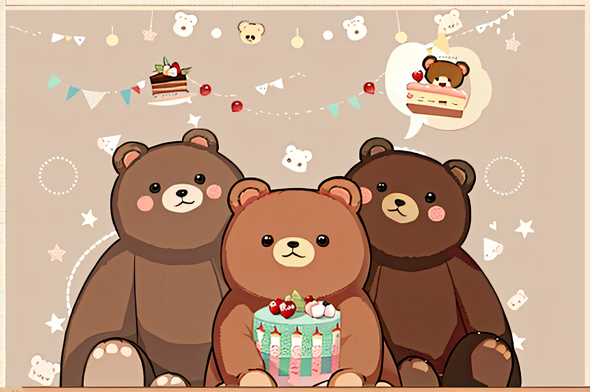 There is a bear with a piece of cake in its mouth, bear, teddy bear, half a bear, cute cartoon, brown bear, kawaii, bear carpet, brown)), banner, bals, cute, eat, cute: 2