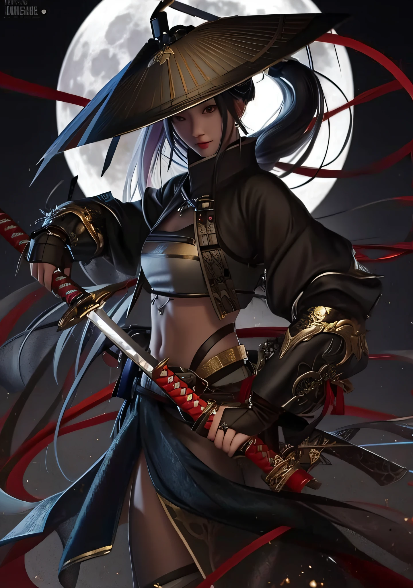 a close up of a person holding a sword in front of a full moon, very beautiful cyberpunk samurai, she is holding a katana sword, inspired by Kanō Hōgai, female samurai, katana, with large sword, demon samurai, from arknights, demon samurai warrior, she is holding a sword, kunoichi, dramatic wielding katana pose, (super huge breast: 1.4)