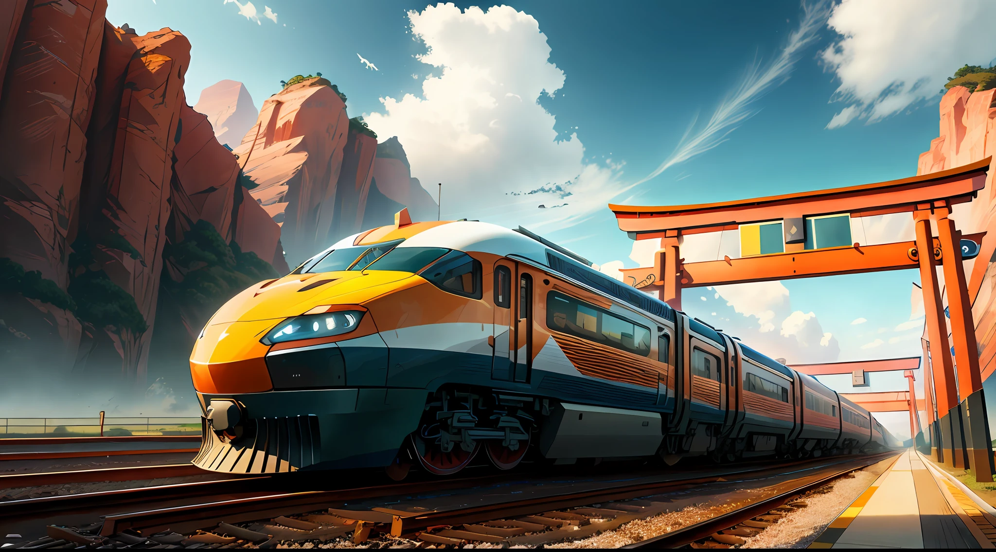 Modern high-speed train, torii, sharp and clear, very realistic (weight: 1.4), HDR, 4K, create a sense of panorama.