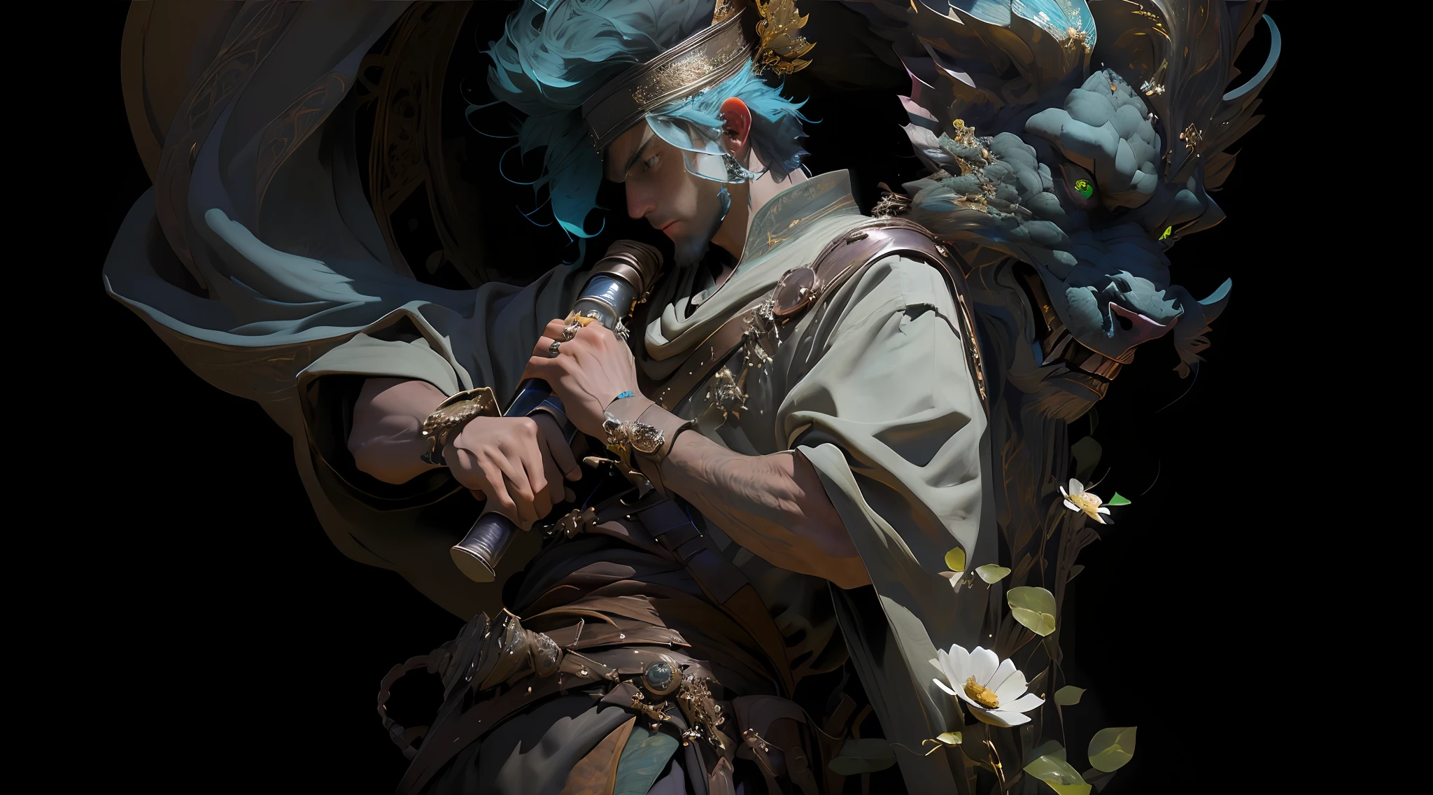 A man playing musical instrument, atmospheric distance sense, full body picture, epic fantasy digital art style, epic fantasy art style HD, epic fantasy art style, detailed fantasy digital art, epic fantasy style art, epic exquisite character art, 4K fantasy art, 2. 5 D CGI anime fantasy artwork, man wearing a flower on his head, photo of the most beautiful artwork in the world with a soft sheen, ((epic hero fantasy, great location, majestic environment), full body 8k uniform rendering, action shot, skin pores, heavy shadows, detailed, detailed face, (vibrant, photo realistic, realistic, dramatic, dark, sharp focus, 8k), (Complex: 1.4), Decadence, (High Detail: 1.4), Digital Painting ArtStation, Concept Art, Smooth, Sharp Focus, Illustration, Artgerm Art, (Loish: 0.23), Wlop Ilya Kuvshinov, and Greg Rutkowski and Alphonse Mucha Gracias, (Global Illumination, Studio light, volumetric light), particles floating, the face is rich in detail, the man has a cold expression, the eyes are green, the eyes have fire, the ghost's teeth are sharp, and the teeth are richly detailed