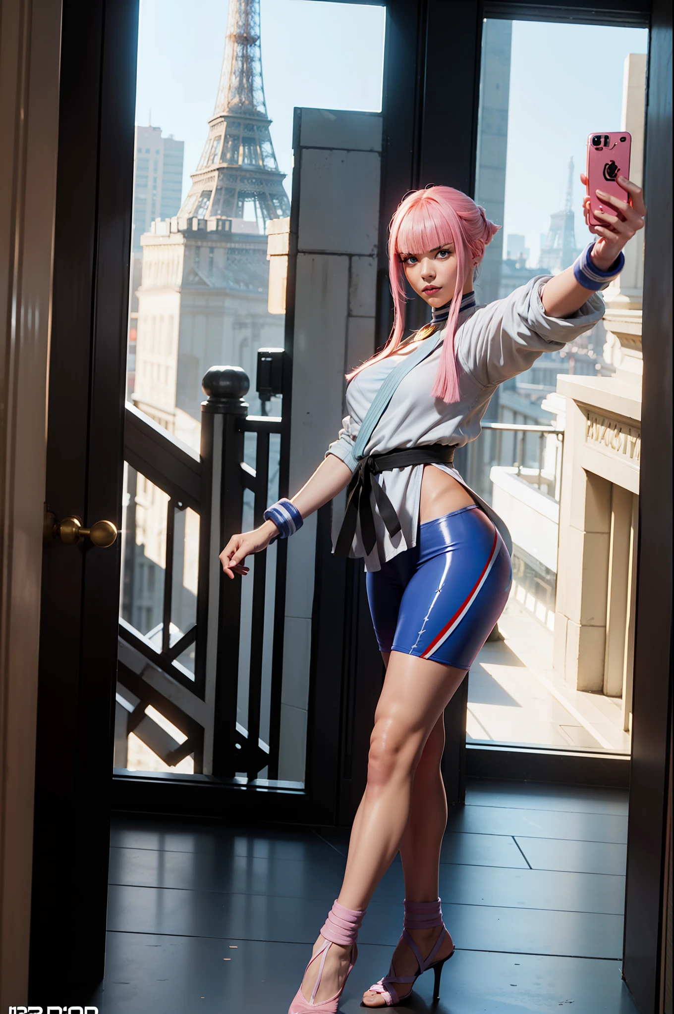 ((Best Quality, 8K, Masterpiece: 1.3)), ((Street Fighter 6's Manon Hair)), Short Pink Shiny Hair, European French, 1girl, 175cm, Ballet Dancer, Detailed Face, Detailed Skin Texture, (Big Eyes: 1.2 Long Eyelashes), Long Legs, Perfect Body Proportions, Fitness Figure, Pink Nails, Perfect Facial Features, Symmetrical Face, Confident Eyes Sparkling, Best Light, Ray Tracing, (Photon Mapping, Teleportion, Physically Based Rendering, Auto White Balance), Ultra HD, (Behind the Eiffel Tower, on the red carpet, like a star), (holding iPhone 14 in selfie, Instagram style), official illustration, Street Fighter 6 official promotional poster, digital illustration, game character CG, (3D modeling, fine modeling, texture of clothes)