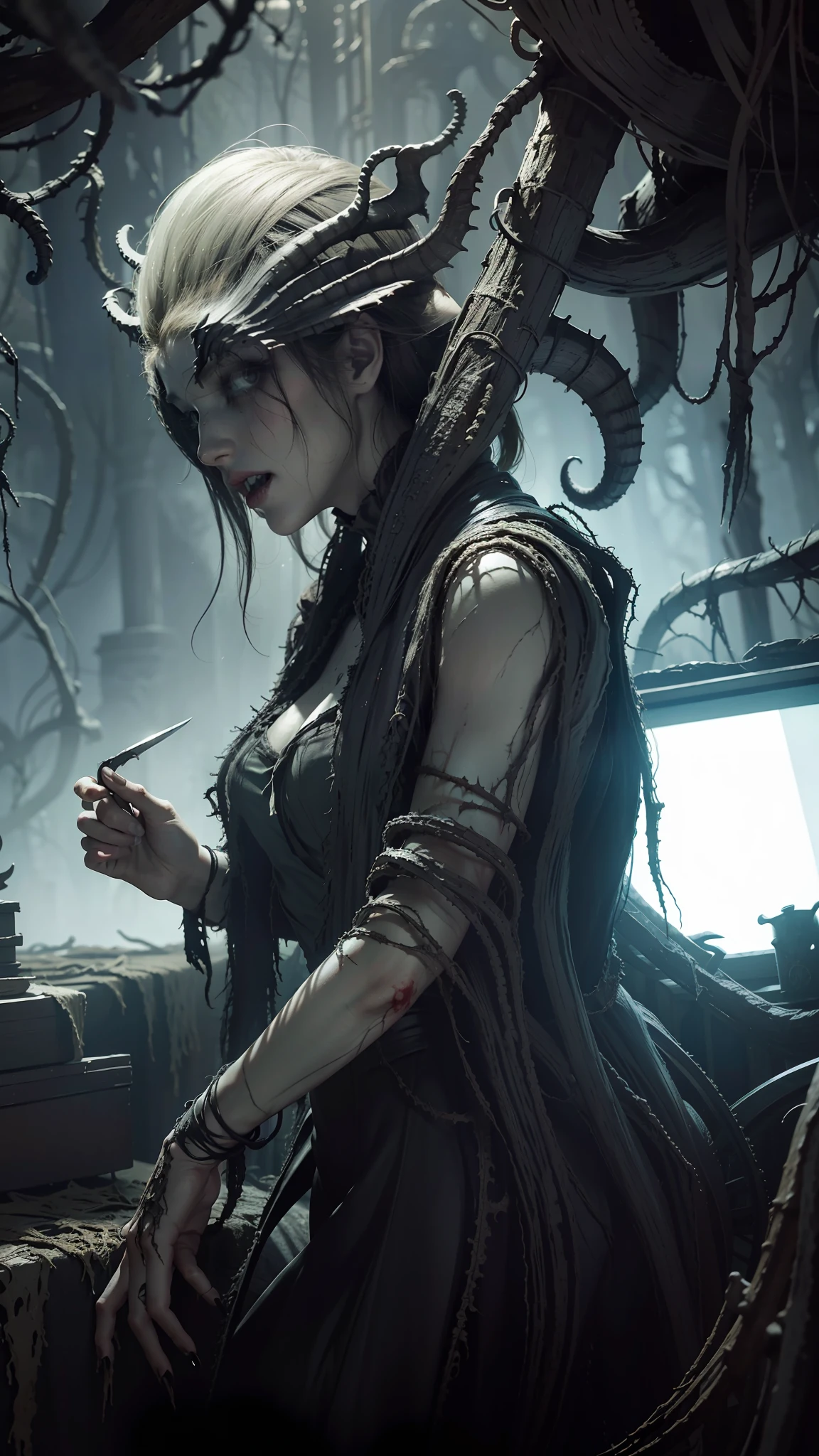 Fine matte painting, dark angel haunted castle on drawing table full of knives, horror, eerie, scary, secret horror, tentacles, vines, eyes, uncanny valley effect teeth, limbs, animals, blood moon