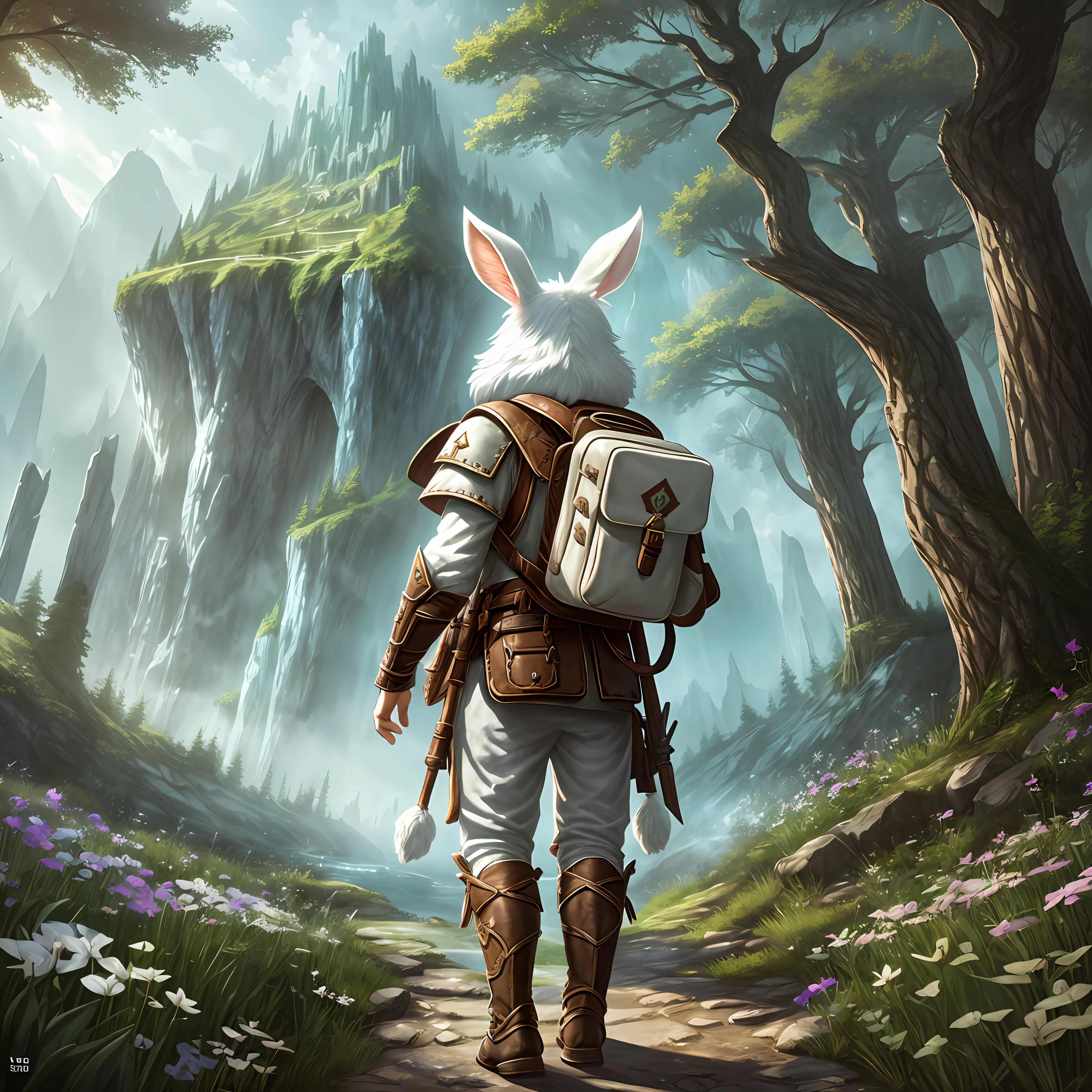 Classic negative portrait photo, fantasy video game character concept art, a cute white fluffy rabbit with a small brown leather backpack looking at a map hiking through the forest, dungeons and dragons, fantasy, river, haze, halo, Bloom, dramatic atmosphere, dark fantasy film of the 1970s, centered, rule of thirds --auto --s2