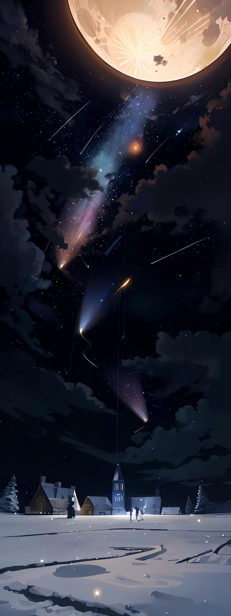 (There are many, many lit houses below), shooting stars, a lot of people gathered in the clearing, performing some kind of ritual.