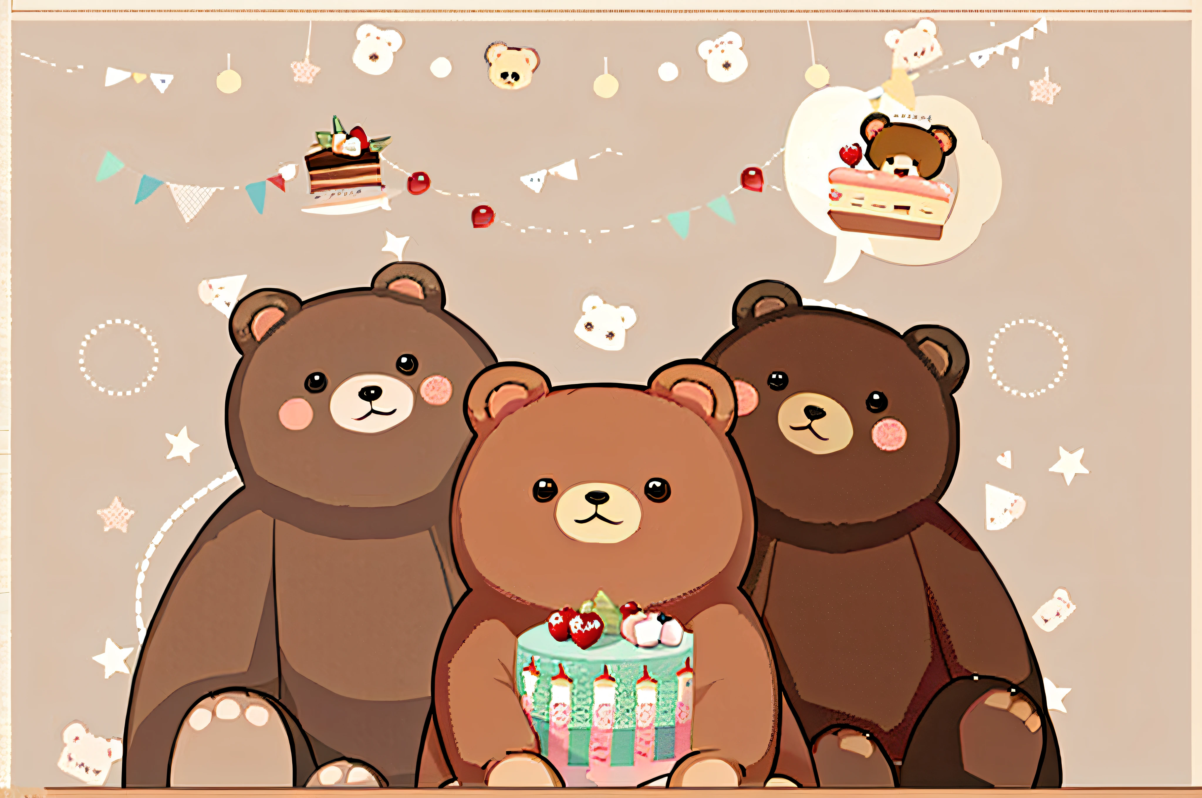 There is a bear with a piece of cake in its mouth, bear, teddy bear, half a bear, cute cartoon, brown bear, kawaii, bear carpet, brown)), banner, bals, cute, eat, cute: 2