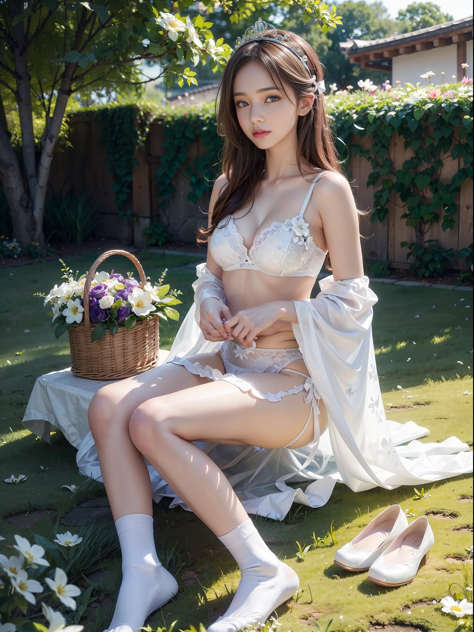 Dressed, (Photorealistic: 1.4), (Hyperrealistic: 1.4), (Realistic: 1.3), (Smooth Lighting: 1.05), (Improved Cinematic Lighting: 0.9), 32K, 1 girl, 20 year old adult woman, bright spring morning natural light, backlit, face light, ray tracking, (Bright light: 1.2), (Quality improvement: 1.4), (Top quality realistic textured skin: 1.4), fine detailed eyes, detailed face, fine quality eyes, brown eyes, (tired, sleepy and satisfied: 0.0), tiara in hair, bow tie, underwear, white floral violet color bra, white floral violet color panties, one woman in Japan with a faint smile, sitting with sheets on the grass, full body, Pure white smooth and shiny silk socks, strap shoes, basket with fruits and flowers, tea set, green glass bottle with water, white blurry in the back of the background