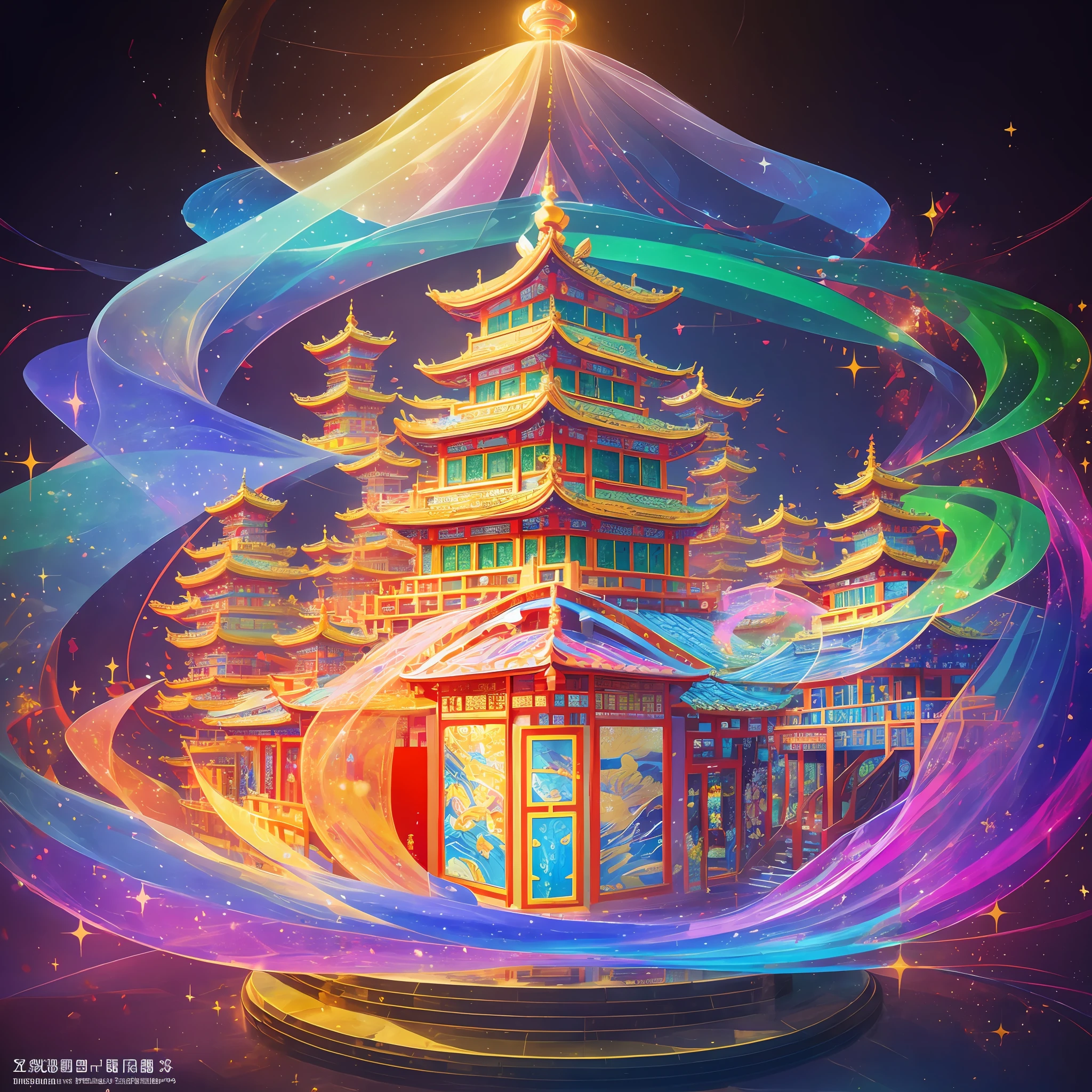 zhonggguo, Fantasy Glazed Pagoda, Crystal clear, Colorful, Exudes a colorful halo, sparkle, god rays, vignetting, ray tracing, chiaroscuro, 16k, high details, UHD, masterpiece --auto --s2