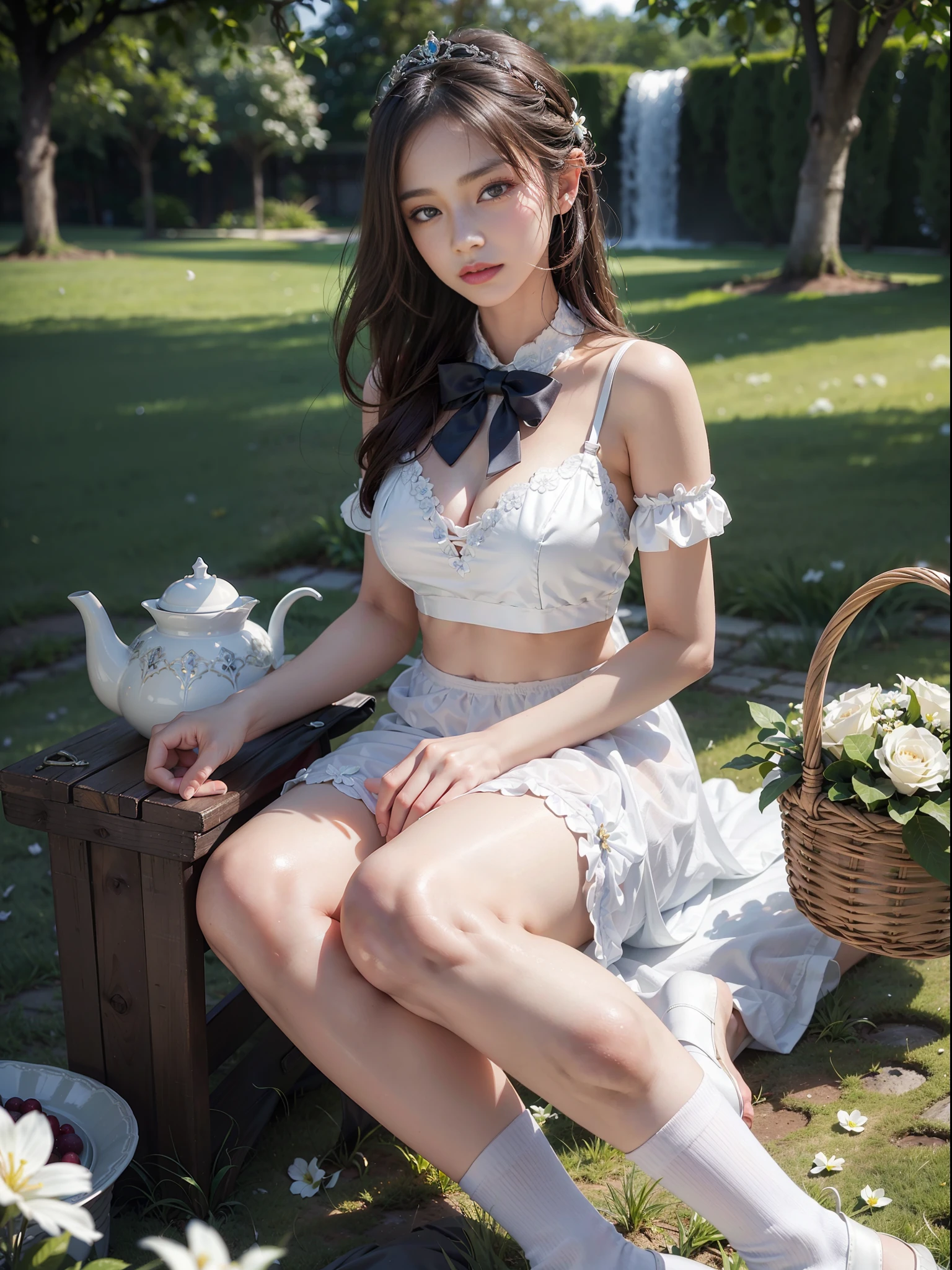 Dressed, (Photorealistic: 1.4), (Hyperrealistic: 1.4), (Realistic: 1.3), (Smooth Lighting: 1.05), (Improved Cinematic Lighting: 0.9), 32K, 1 girl, 20 year old adult woman, bright spring morning natural light, backlit, face light, ray tracking, (Bright light: 1.2), (Quality improvement: 1.4), (Top quality realistic textured skin: 1.4), fine detailed eyes, detailed face, fine quality eyes, brown eyes, (tired, sleepy and satisfied: 0.0), tiara in hair, bow tie, underwear, white floral violet color bra, white floral violet color panties, one woman in Japan with a faint smile, sitting with sheets on the grass, full body, Pure white smooth and shiny silk socks, strap shoes, basket with fruits and flowers, tea set, green glass bottle with water, white blurry in the back of the background