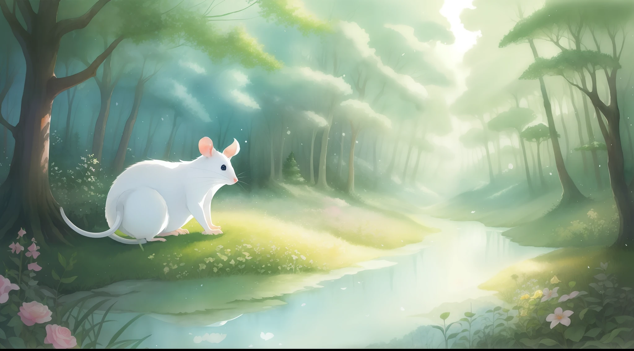 One big white mouse, watercolor brush Delicate lines, book illustrations, forest, whimsical and charming, soft pastel colors, dreamy, detailed illustrations, hand drawn, watercolor texture, lush trees, light from the abyss Be sure to put rats in