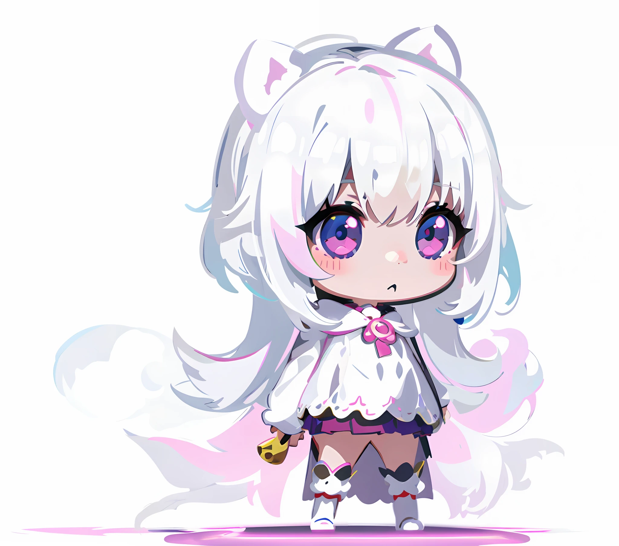 a drawing of a girl with white hair and a Pink dress,white haired deity, kawaii chibi, visual novel sprite, shikamimi, nyaruko-san, original chibi bunny girl, white cat girl, white hime cut hairstyle, small loli girl