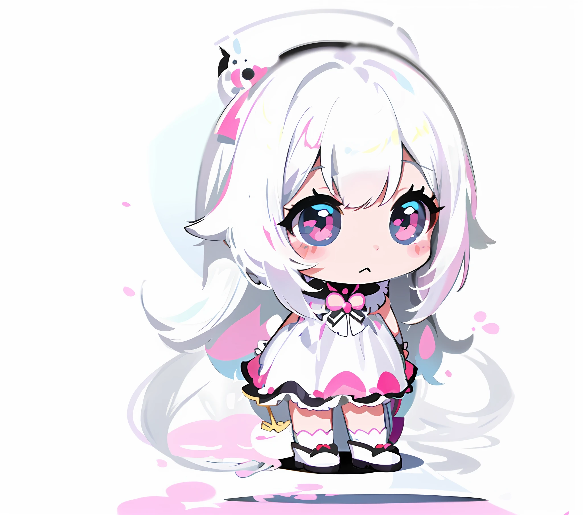 a drawing of a girl with white hair and a Pink dress,white haired deity, kawaii chibi, visual novel sprite, shikamimi, nyaruko-san, original chibi bunny girl, white cat girl, white hime cut hairstyle,  girl