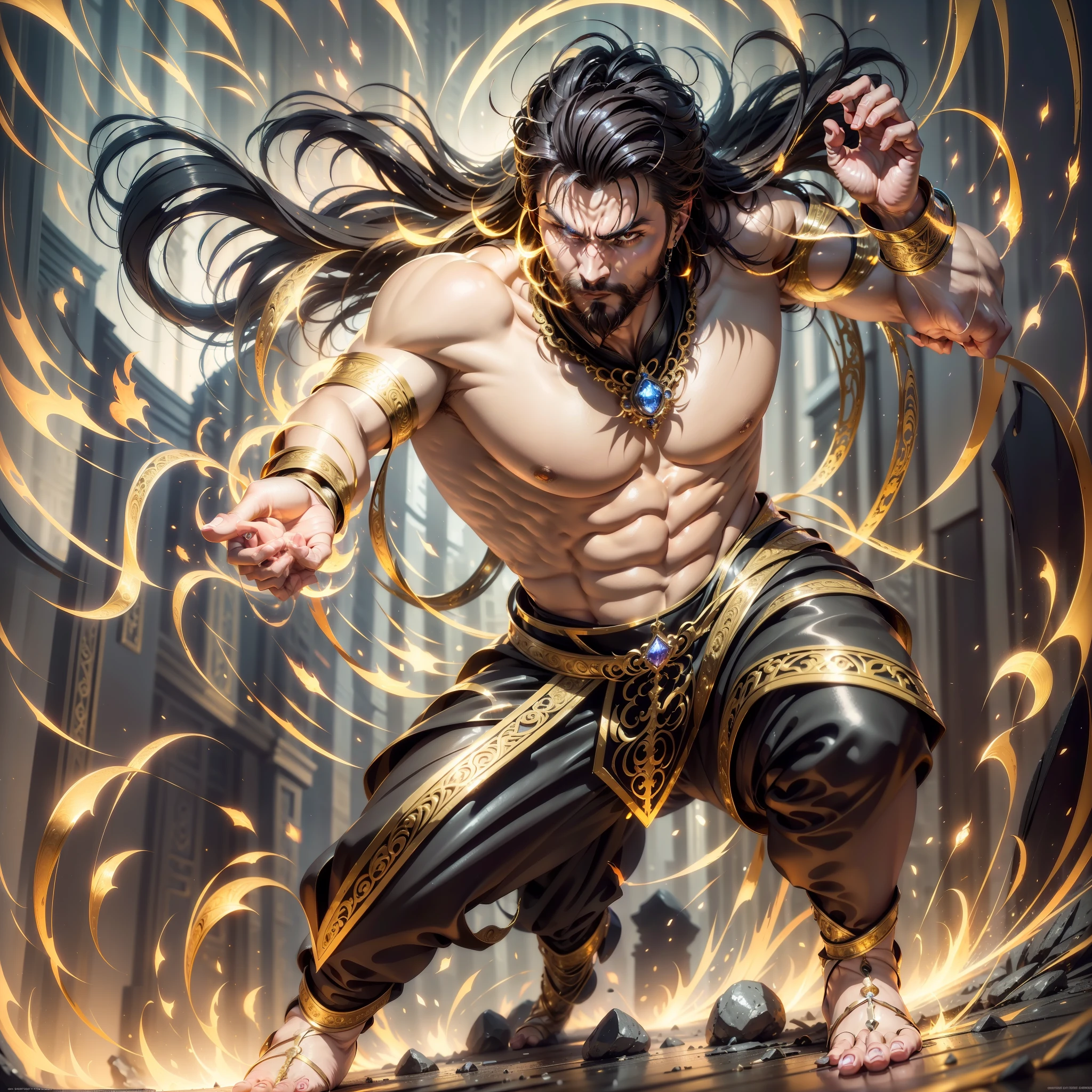 super high resolution, best quality, photo, 8K, (realistic: 1.2), cinematic lighting, close-up of a person in monk costume in flames, medium long hair, hair standing up, real person, attack, dynamic active running pose, dynamic pose, running pose, dynamic pose, full body in dynamic pose, mixed fighting south claw pose, dynamic movement pose, dynamic pose realistic, dynamic action pose, hero male pose, perfect dynamic body type, dynamic pose full body, fighting pose, black eyes, bright yellow glow, flames floating in the sky, beams of light shrouded his body, Golden light above his head (aura: 1.2), abdominal muscles wearing medieval golden armor, beard, masculine, light, masterpiece, best quality, intricate details, fire environment and crystal in background, futuristic portal, 3D light, HD, magic, light god, , detailed face, fear, depth of field, soft lighting, tone mapping, highly detailed, concept art, smooth, clear focus, dramatic lighting, highly detailed art, film, 8K, Amazing shadows (highly detailed background: 1