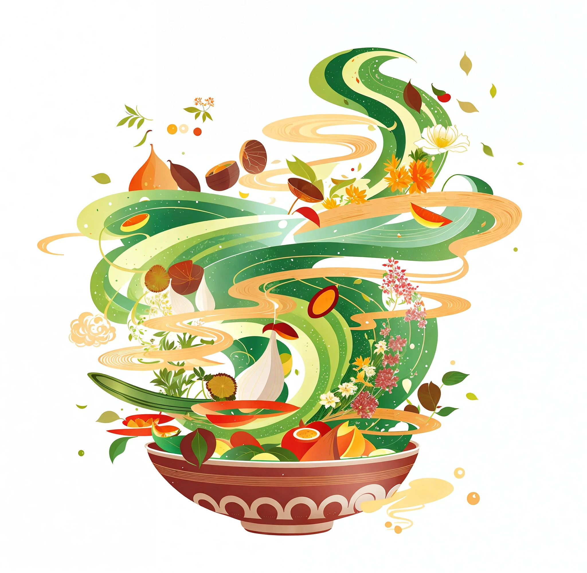 Changing the style, illustration of a bowl of food, amazing food illustration, imagination boiling in a bowl, bowl full of food, inspired by Chen Tingfo, green steam rising from soup, beautiful artwork illustration, Botticelli and Victor Nagai, whose bowl is filled with plants, inspired by Victor