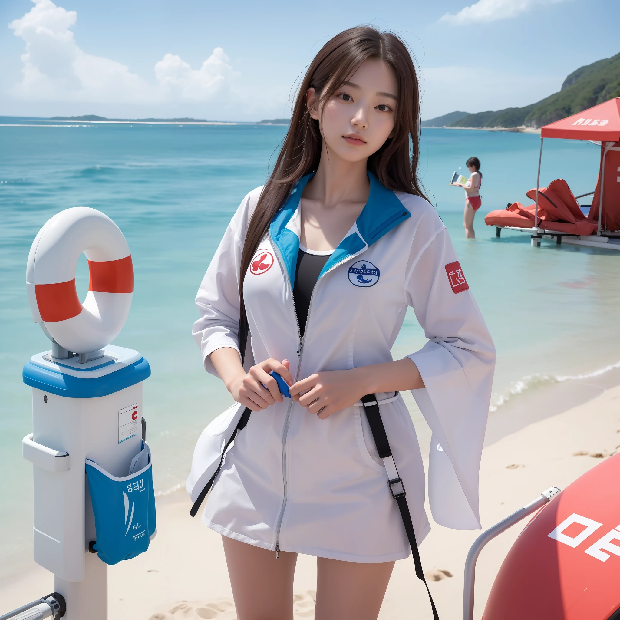 (best quality:1.4), (masterpiece:1.4), (highres:1.2), (extremely detailed:1.2), human body ratio,
1girl, korean girl, wearing lifeguard uniform, standing, watching people, lifeguard post, holding life jackets, beach setting, busy beach work day