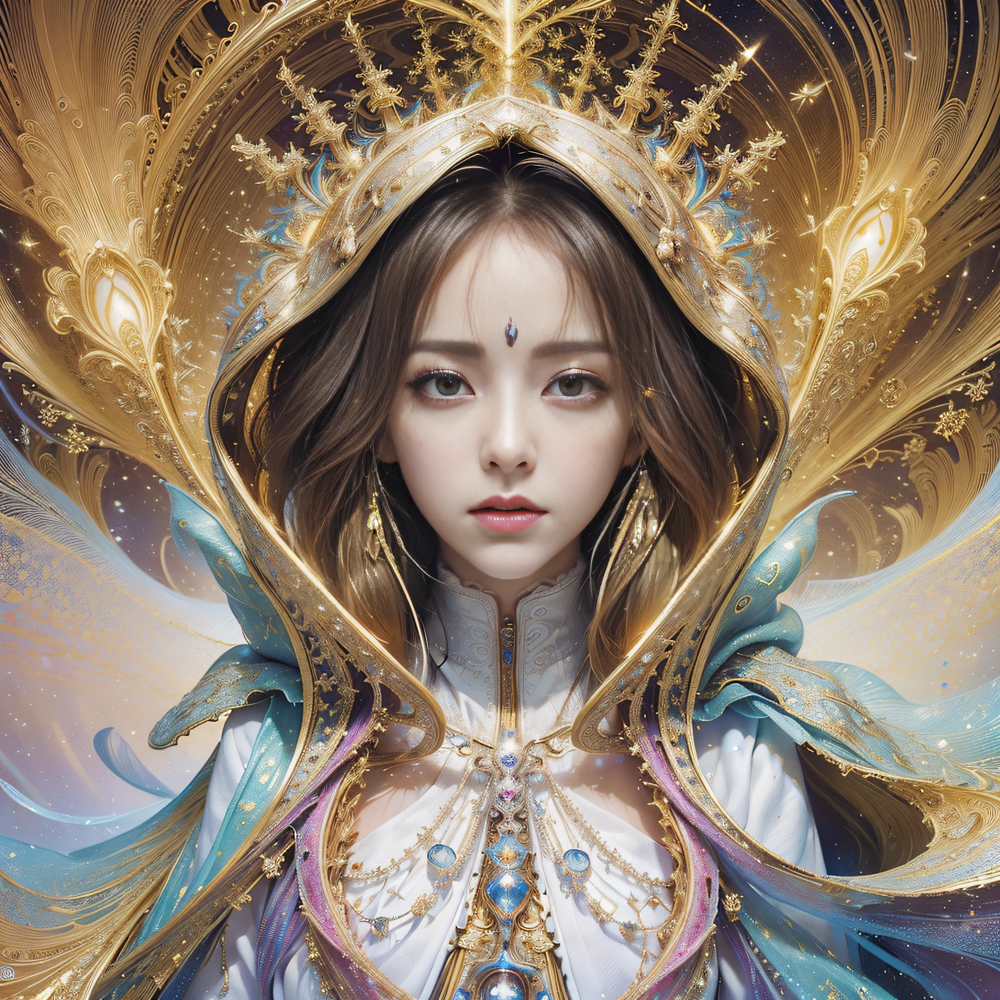 (masterpiece, top quality, best quality, official art, beautiful and aesthetic:1.2), (1girl), extreme detailed, (fractal art:1.3), colorful, highest detailed, perfect face, upper body, HDR, (praying:1.3), (white cloak golden lines:1.2), galaxy, (light streaks), striking visuals, (dynamic streaks, luminous trails:1.2), vibrant colors,