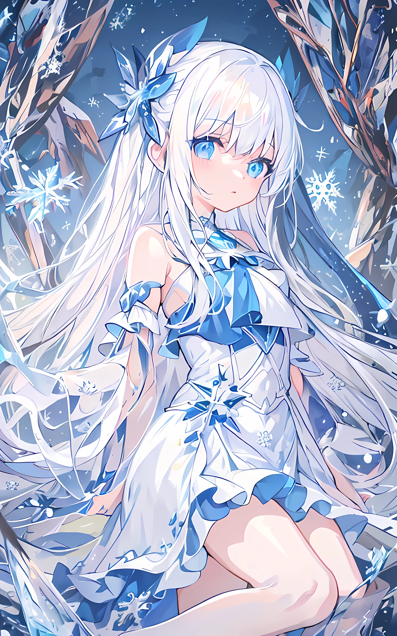 anime girl with long white hair and blue dress sitting in snow, digital art on pixiv, trending on artstation pixiv, splash art anime , pixiv contest winner, pixiv, white haired deity, detailed anime art, crystalline skin, zerochan art, ice queen, beautiful anime artwork, pixiv daily ranking, beautiful anime art, icey