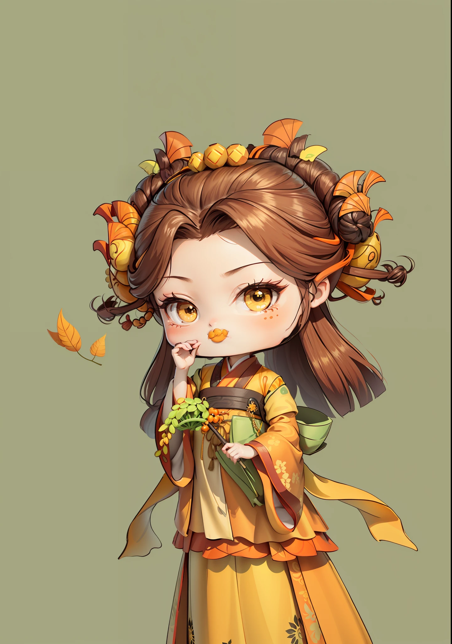 A Chinese girl in Hanfu, holding a rice ear in one hand and a seed in the other, autumn, autumn, harvest, dark brown hair, ancient Chinese hair bun, pattern, yellow-green orange yellow color scheme, ginkgo biloba hair ornaments on both sides, some metal flower headdresses, bright color blocks, bright colors, line art, infinite details, fine painting, exquisite portrayal, blank background 8k