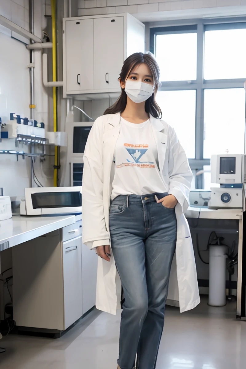 (best quality), masterpiece, (photo realistic:1.5), 8k quality, 1 beautiful woman, (full body:1.6), dark brown hair, updo hair, brown eyes, front, detailed face, beautiful eyes, looking at viewer, smile, BREAK wearing a mask, wearing a white laboratory coat and white tee shirt and denim long pants, standing in a laboratory room with a big machine, 30 years old