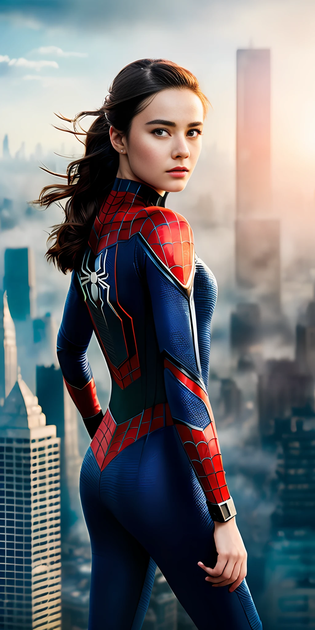 (1girl:1.3), Solo, (((Very detailed face)))), ((Very detailed eyes and face)))), Beautiful detail eyes, Body parts__, Official art, Unified 8k wallpaper, Super detailed, beautiful and beautiful, beautiful, masterpiece, best quality, original, masterpiece, super fine photo, best quality, super high resolution, realistic realism, sunlight, full body portrait, amazing beauty, dynamic pose, delicate face, vibrant eyes, (from the front), She wears Spider-Man suit, red and black color scheme, spider, very detailed city roof background, rooftop, overlooking the city, detailed face, detailed complex busy background, messy, gorgeous, milky white, highly detailed skin, realistic skin details, visible pores, clear focus, volumetric fog, 8k uhd, DSLR, high quality, film grain, fair skin, photo realism, lomography, futuristic dystopian megalopolis, translucent