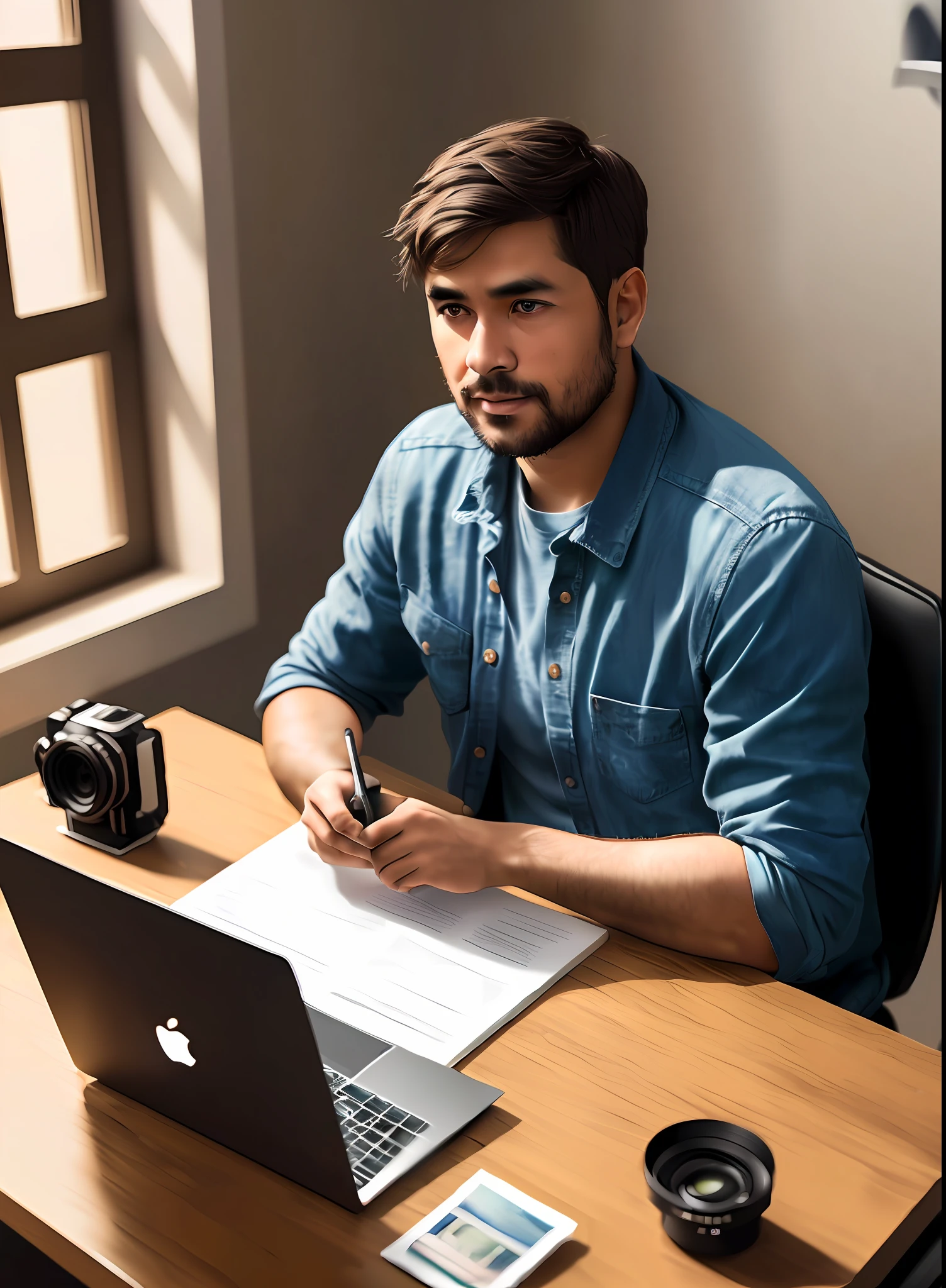 realistic photo, a realistic photo of  40yo man sitting at his desk, working, MacBook, book, ((camera aside him)), ((looking at work desk)), brown hair, (1 man), (extremely detailed CG unity 8k wallpaper), photo of the most beautiful artwork in the world, professional majestic (photography by Steve McCurry), 8k uhd, dslr, soft lighting, high quality, film grain, Fujifilm XT3 sharp focus, f 5.6, High Detail, Sharp focus, dramatic, (detailed pupils:1.3), (natural light), Negative prompt: Asian-Less-Neg, cyber_negative_p1 cyber_negative_p2 cyber_negative_p3 Size: 512x768, Seed: 616367017, Model: Cyberdelia [BETA]_[BETA] CyberRealistic_V3.0, Steps: 30, Sampler: DPM++ 2M Karras, CFG scale: 7, Model hash: 4caa3946ca --auto --s2