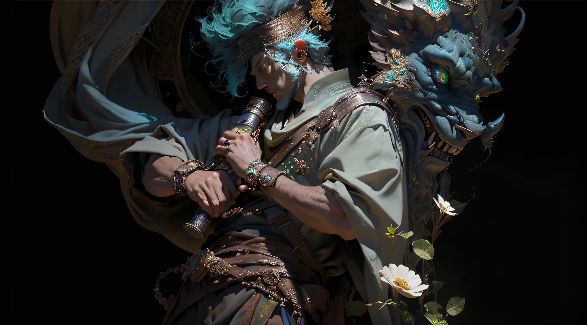 A man playing musical instrument, atmospheric distance sense, full body picture, epic fantasy digital art style, epic fantasy art style HD, epic fantasy art style, detailed fantasy digital art, epic fantasy style art, epic exquisite character art, 4K fantasy art, 2. 5 D CGI anime fantasy artwork, man wearing a flower on his head, photo of the most beautiful artwork in the world with a soft sheen, ((epic hero fantasy, great location, majestic environment), full body 8k uniform rendering, action shot, skin pores, heavy shadows, detailed, detailed face, (vibrant, photo realistic, realistic, dramatic, dark, sharp focus, 8k), (Complex: 1.4), Decadence, (High Detail: 1.4), Digital Painting ArtStation, Concept Art, Smooth, Sharp Focus, Illustration, Artgerm Art, (Loish: 0.23), Wlop Ilya Kuvshinov, and Greg Rutkowski and Alphonse Mucha Gracias, (Global Illumination, Studio light, volumetric light), particles floating, the face is rich in detail, the man has a cold expression, the eyes are green, the eyes have fire, the ghost's teeth are sharp, and the teeth are richly detailed