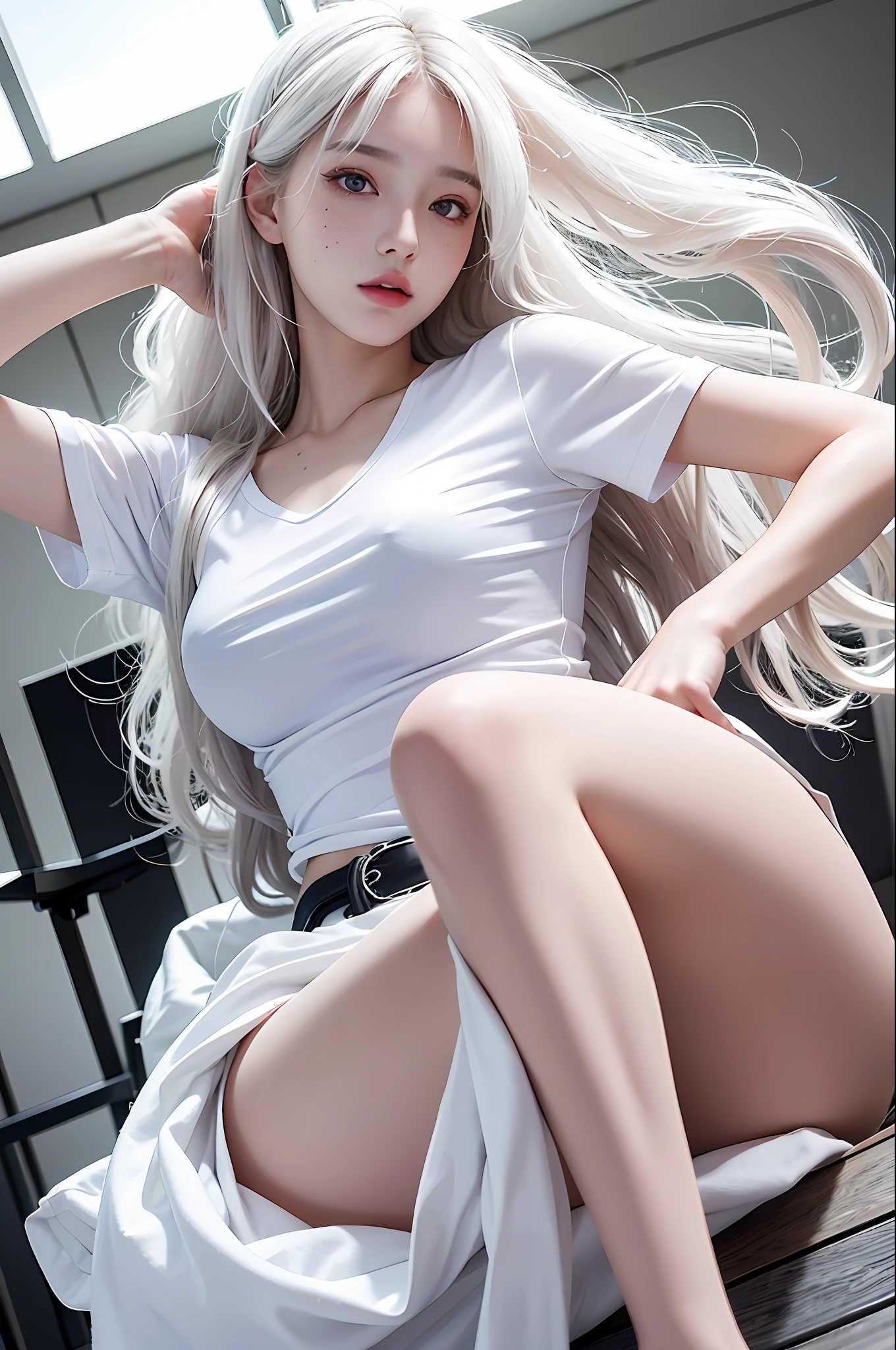 realistic, high resolution, 1 girl, white wavy hair, korean, heterochromic eyes, small moles under the eyes, loose white shirt, skinny denim skirt, large breasts, thin legs, black silk beautiful legs,