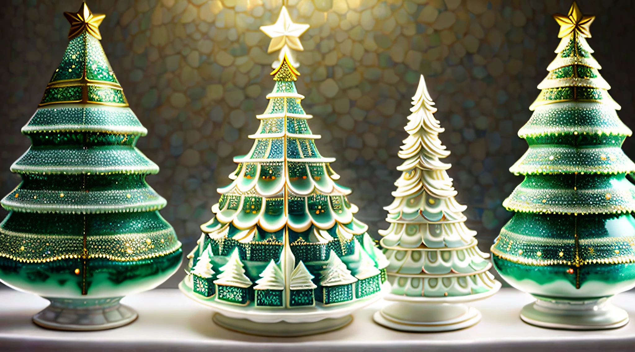 Highly detailed porcelain carving Christmas tree, partially glazed, art gallery, high detailed, bright light