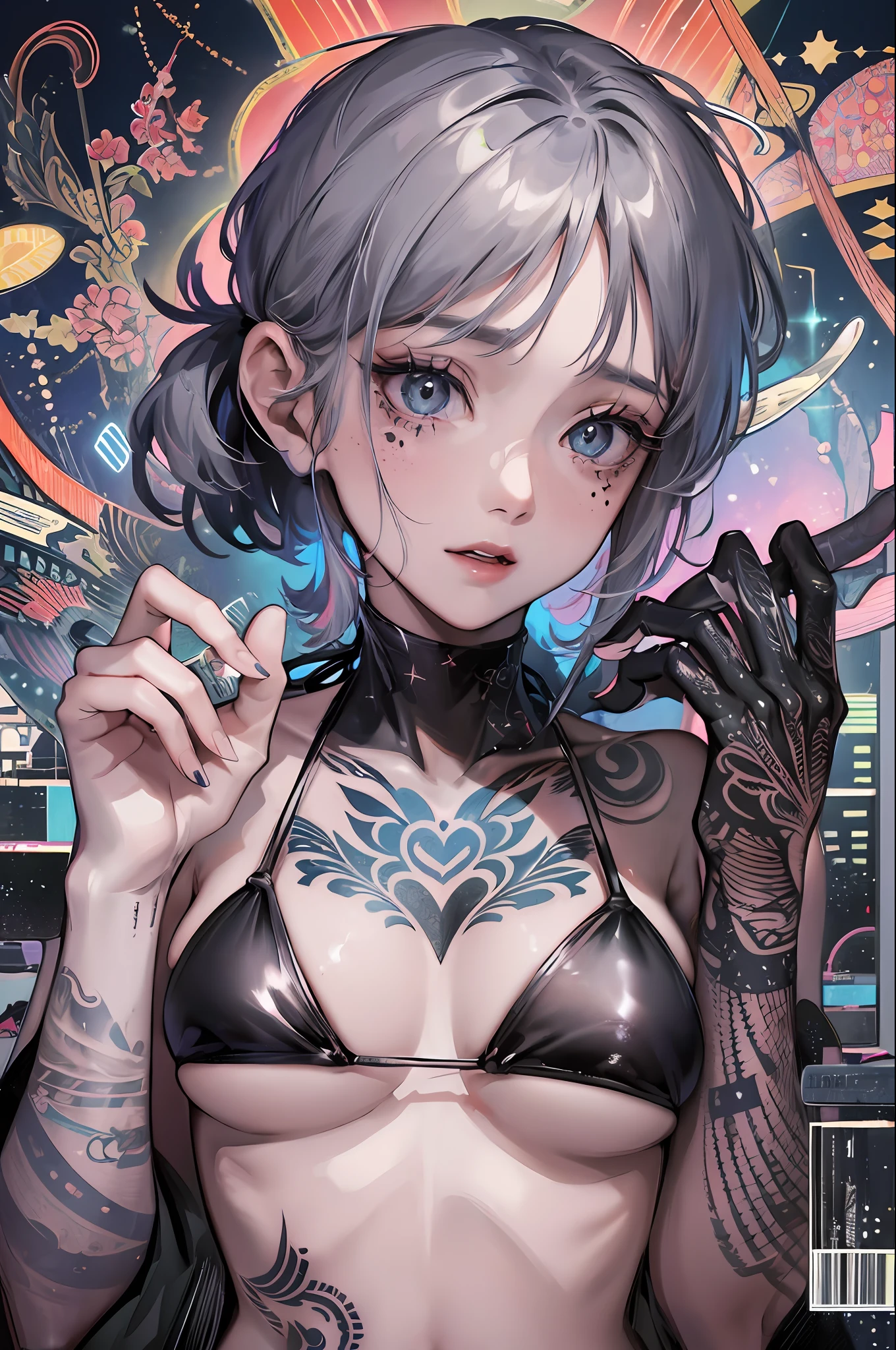 ((One woman)), night city, neon, perfect starry sky, UHD, high detail, high quality, super detail, ultra-fine illustration, 16k, odd eye,Ghibli, gray hair, micro bikini, plain bikini, ((bikini with less fabric)), big eyes, long eyelashes, very long eyelashes, ethnic tattoos, (tattoos that cover the entire body), ((lots of tattoos)), tattoos on the chest, tattoos on arms, tattoos on fingers, (tattoos all over the chest), beautiful features, neutral facial features, (short hair)