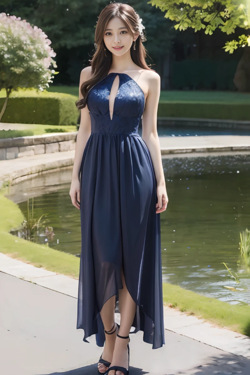 (best quality), masterpiece, (photo realistic:1.5), 8k quality, 1 beautiful woman, (full body:1.6), dark brown hair, brown eyes, front, detailed face, beautiful eyes, looking at viewer, smile, BREAK wearing deep blue wedding dress, walking near a pond in a night garden, 30 years old,
