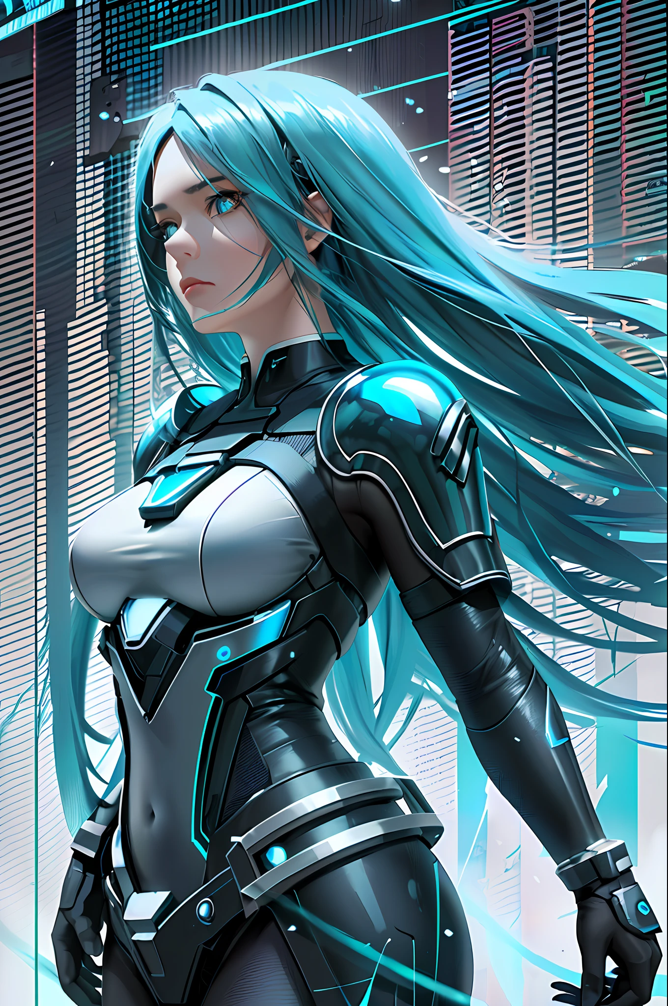 Cinematography, a modern beautiful woman, long flowing hair, surrounded by turquoise blue film light, expressionless looking down, negative energy, dark style, dystopia, Yondel effect, midjourney art, (best quality, masterpiece, Blender best quality, extreme resolution, 8k, refreshing effect)