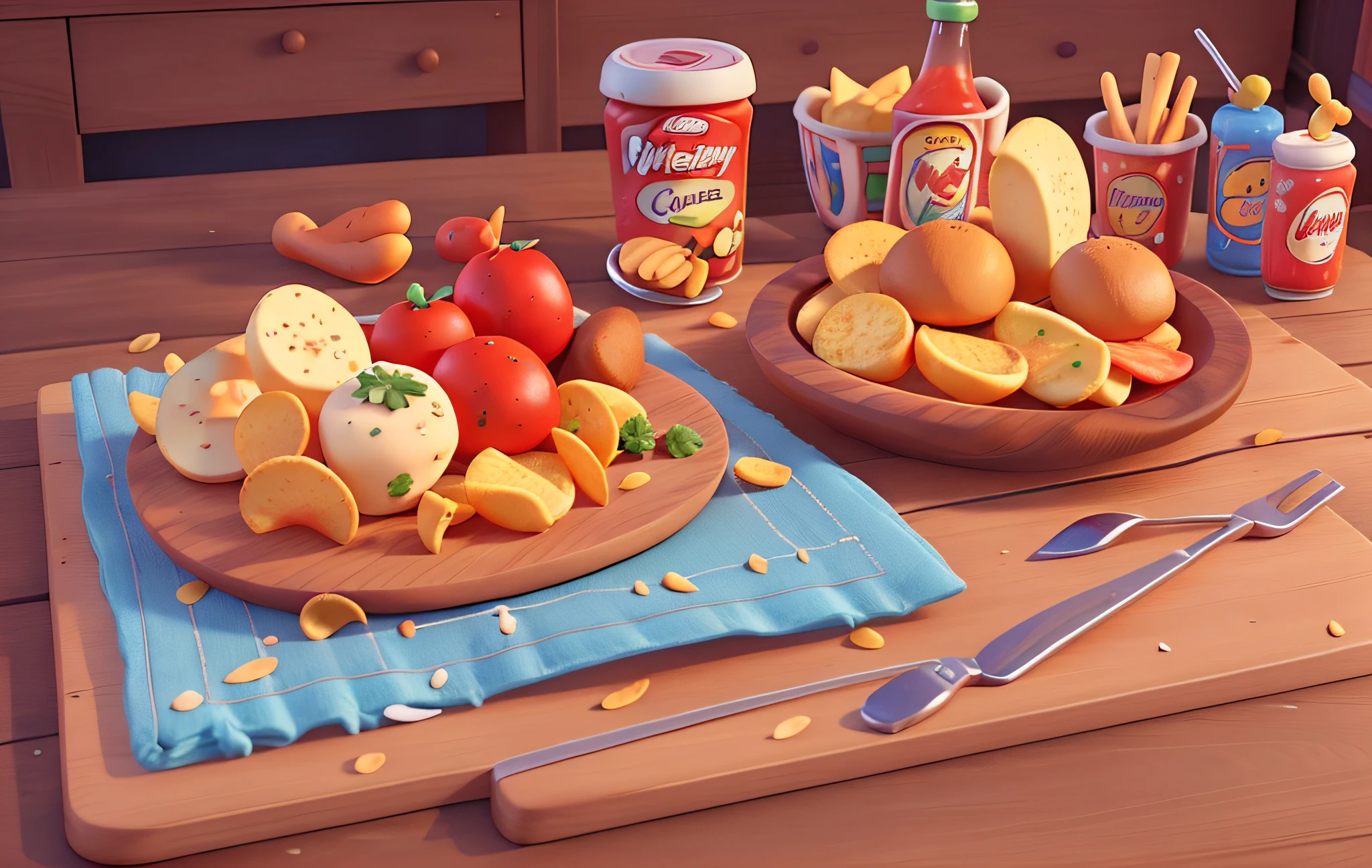 Western food, ketchup, wooden cutting board, chips, 45 degree angle Pixar style, Disney style, cartoon, bright colors, perfect details, objects, UI