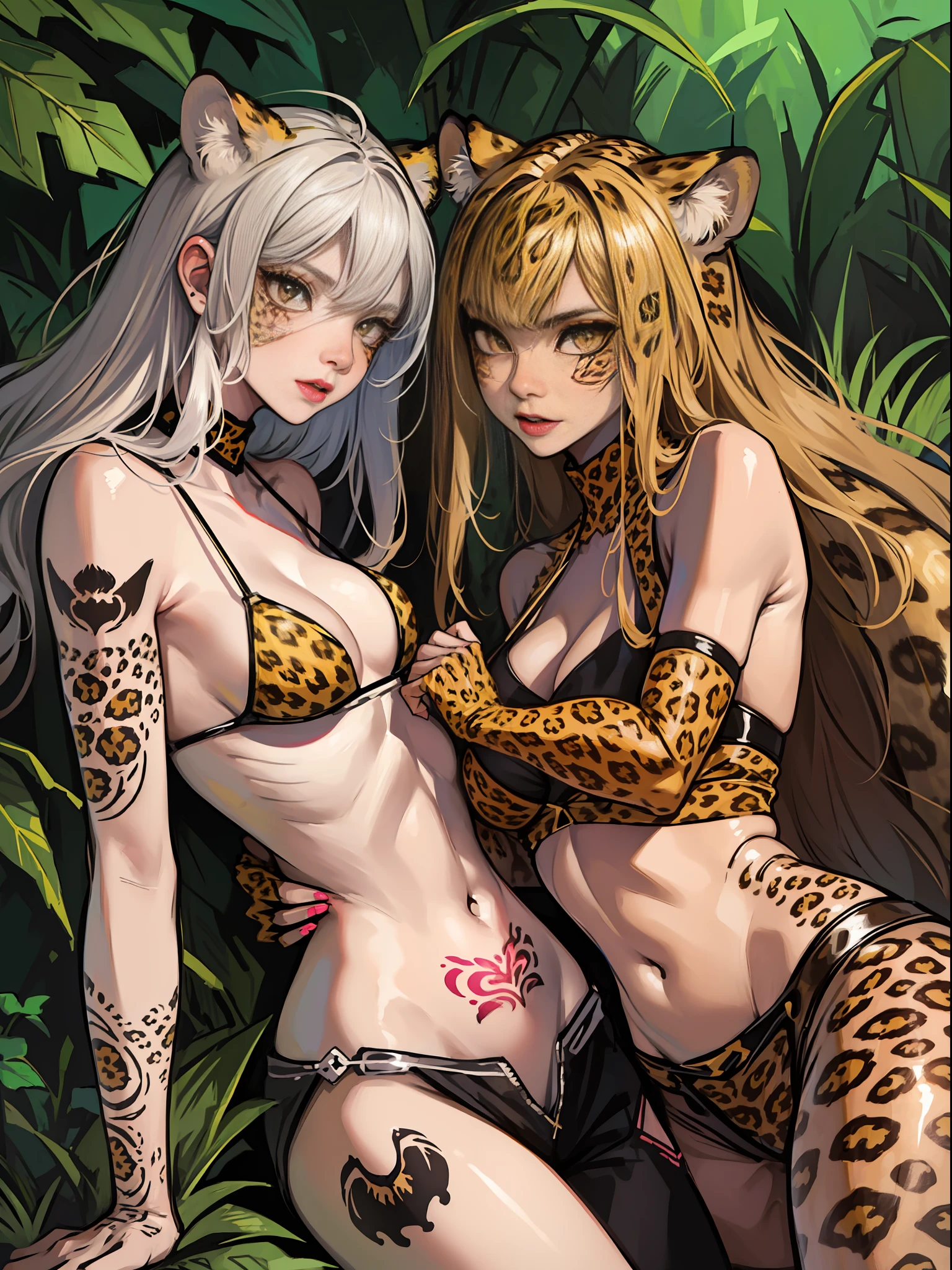 Female leopard people, ((((2girls)))), leopard ears, fur bikini, spreading legs, jungle, beside trees, ((leopard claw gloves)), (((cheetah spot tattoo)))), primitive tribal tattoos, ((wild)), wild beauty